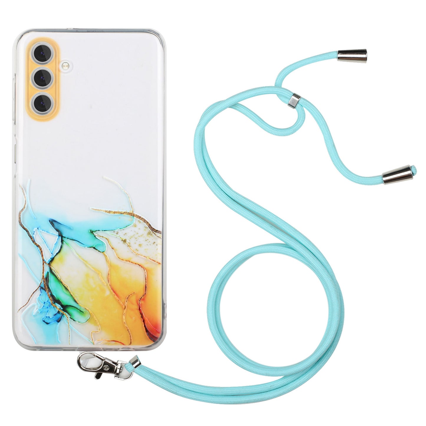 For Samsung Galaxy S24 Case Marble Pattern Embossing TPU Back Cover with Lanyard - Yellow