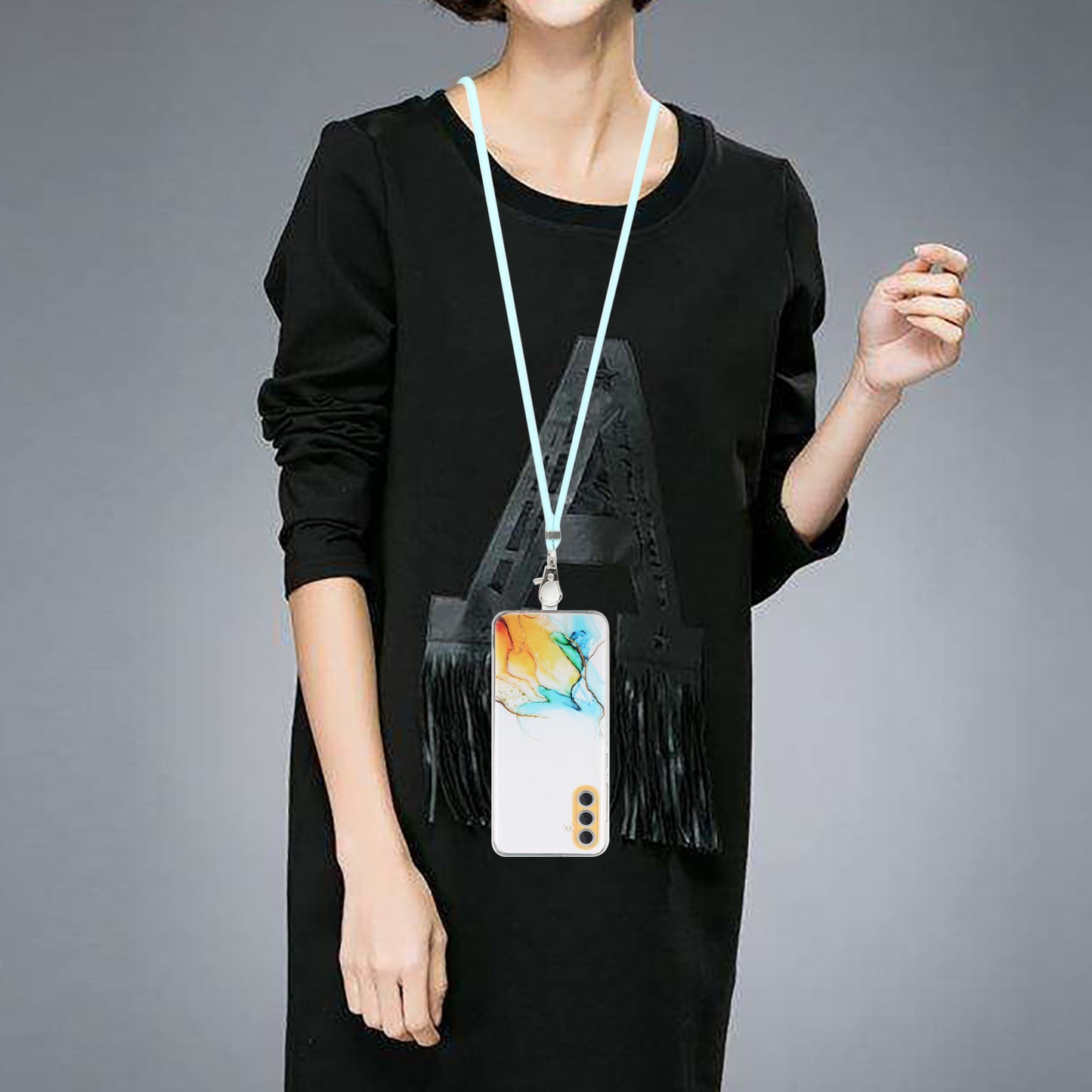 For Samsung Galaxy S24 Case Marble Pattern Embossing TPU Back Cover with Lanyard - Yellow