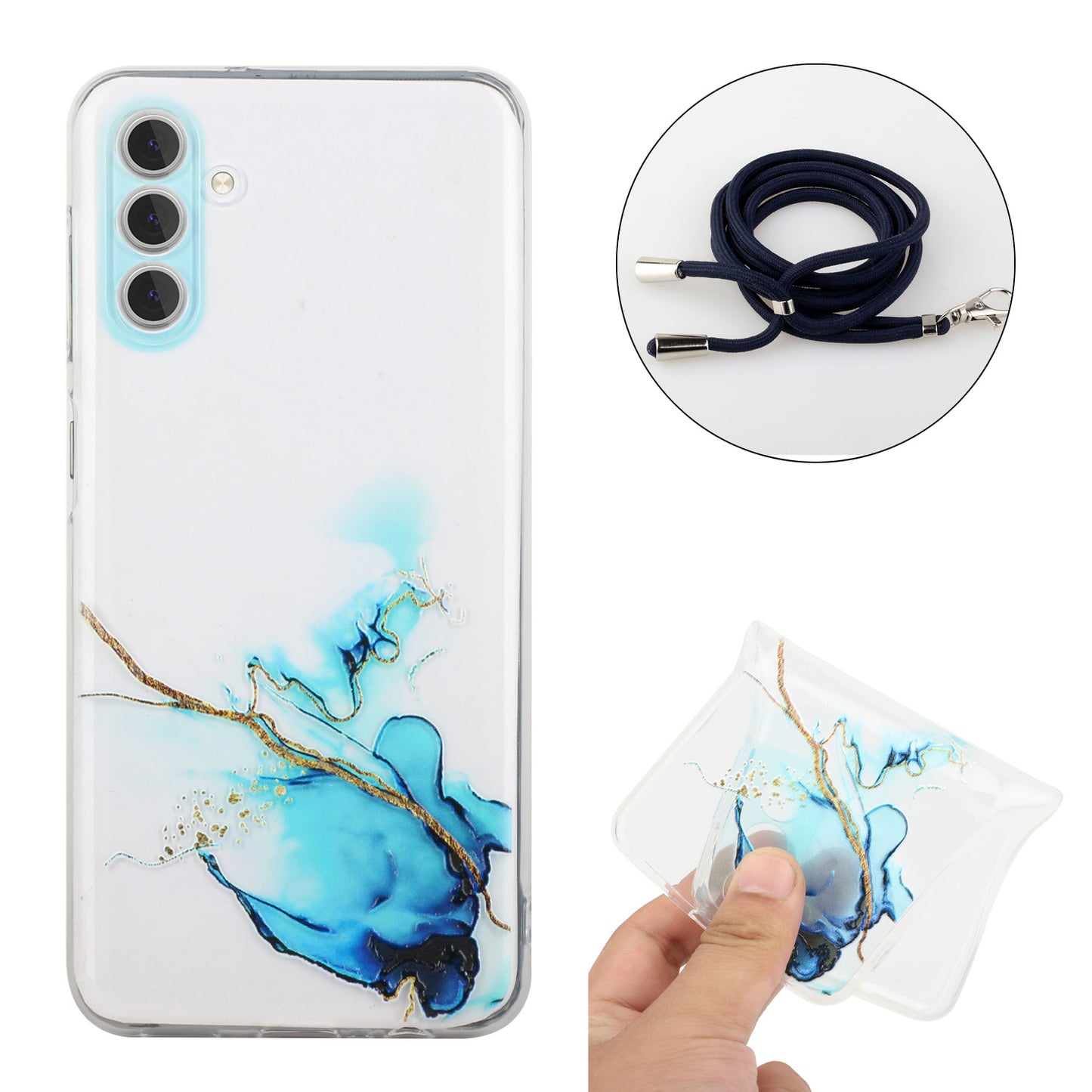 For Samsung Galaxy S24 Case Marble Pattern Embossing TPU Back Cover with Lanyard - Blue