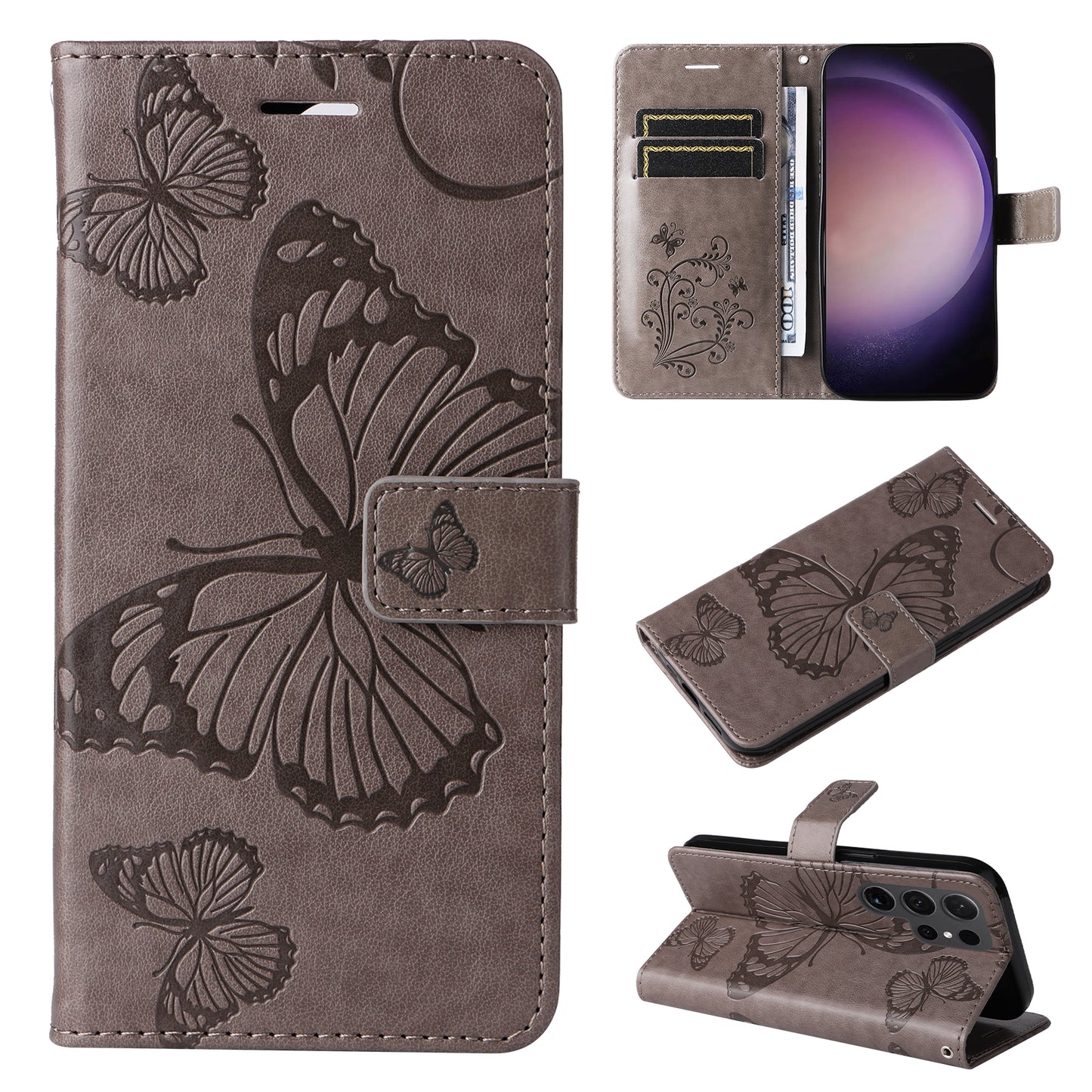 KT Imprinting Flower Series-2 For Samsung Galaxy S24 Ultra Case Butterfly Imprint Leather Phone Cover - Grey