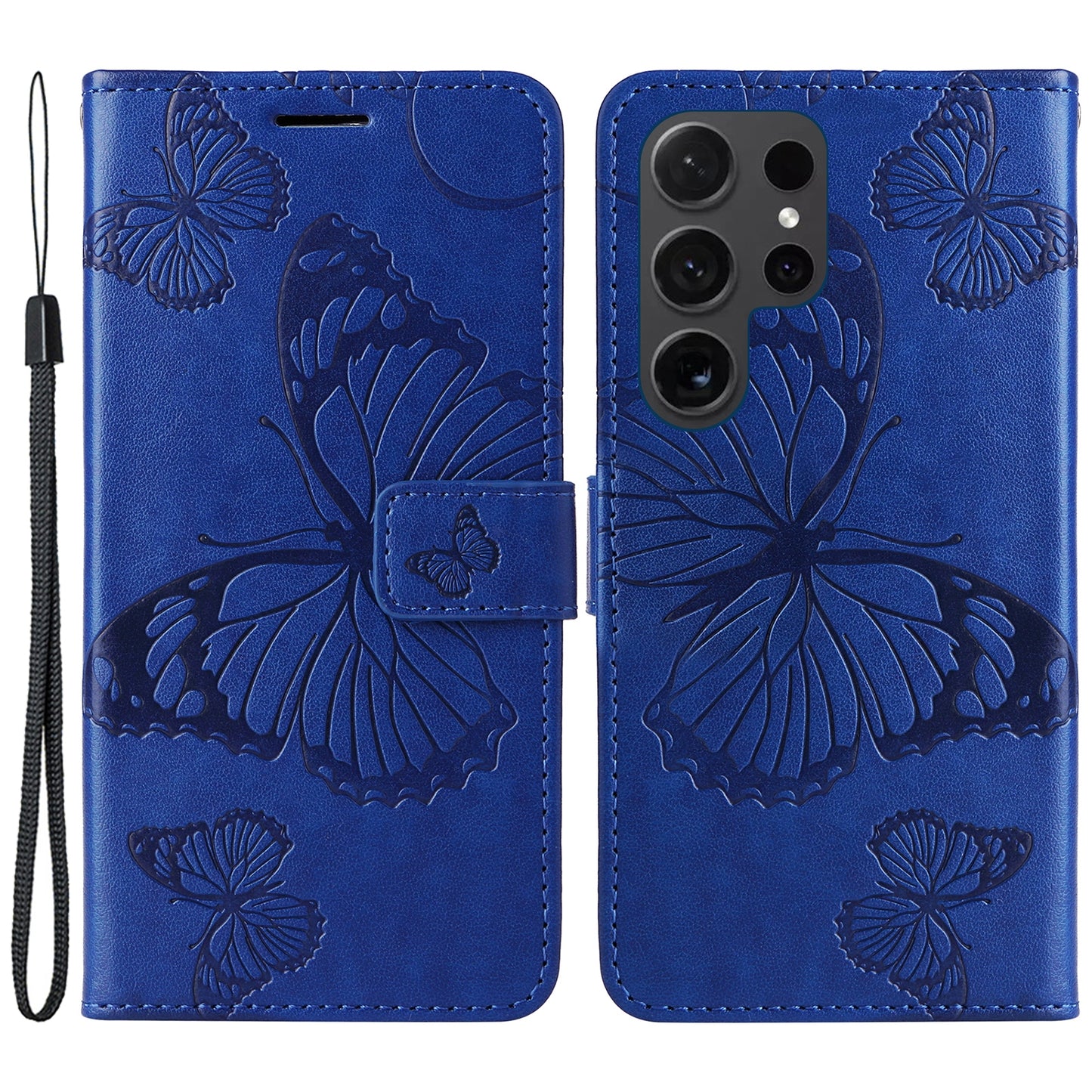 KT Imprinting Flower Series-2 For Samsung Galaxy S24 Ultra Case Butterfly Imprint Leather Phone Cover - Blue