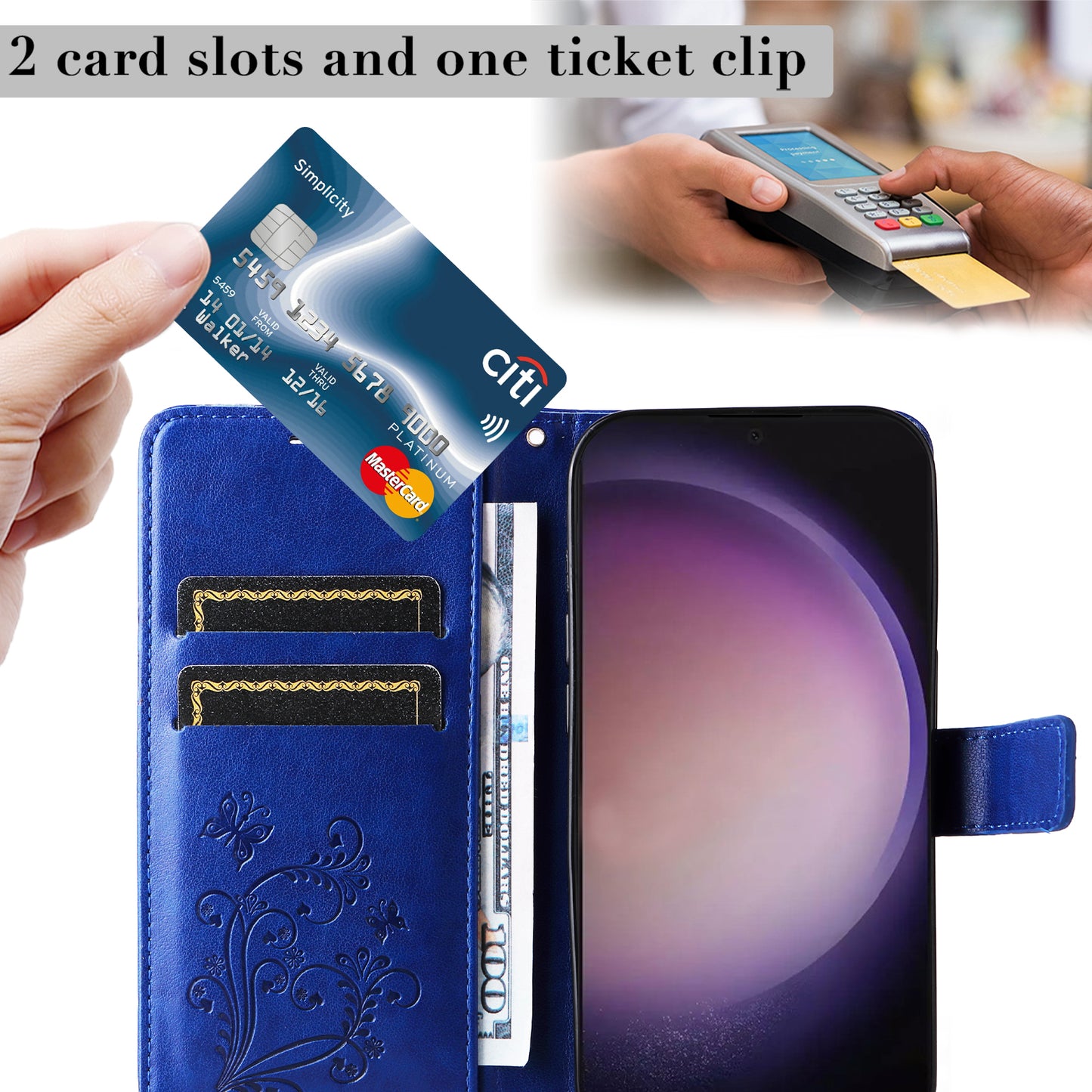 KT Imprinting Flower Series-2 For Samsung Galaxy S24 Ultra Case Butterfly Imprint Leather Phone Cover - Blue