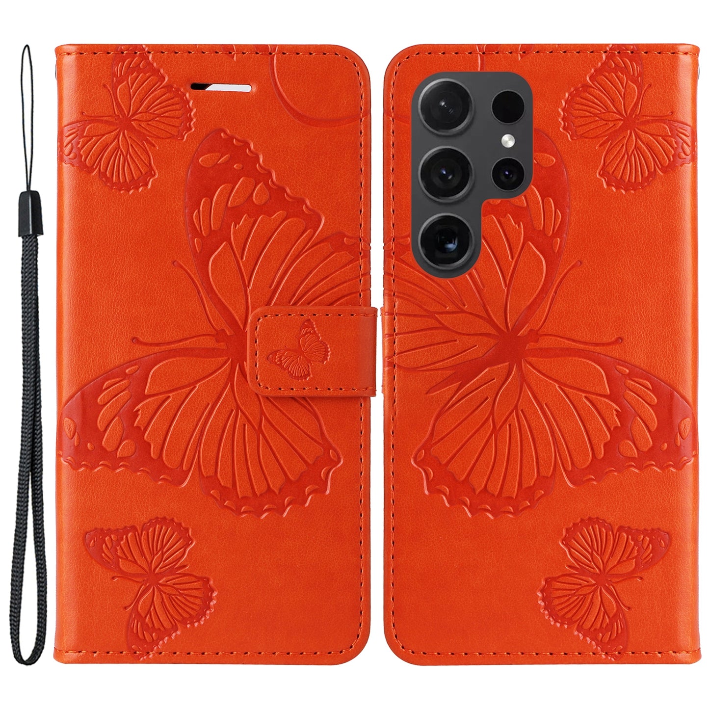 KT Imprinting Flower Series-2 For Samsung Galaxy S24 Ultra Case Butterfly Imprint Leather Phone Cover - Orange