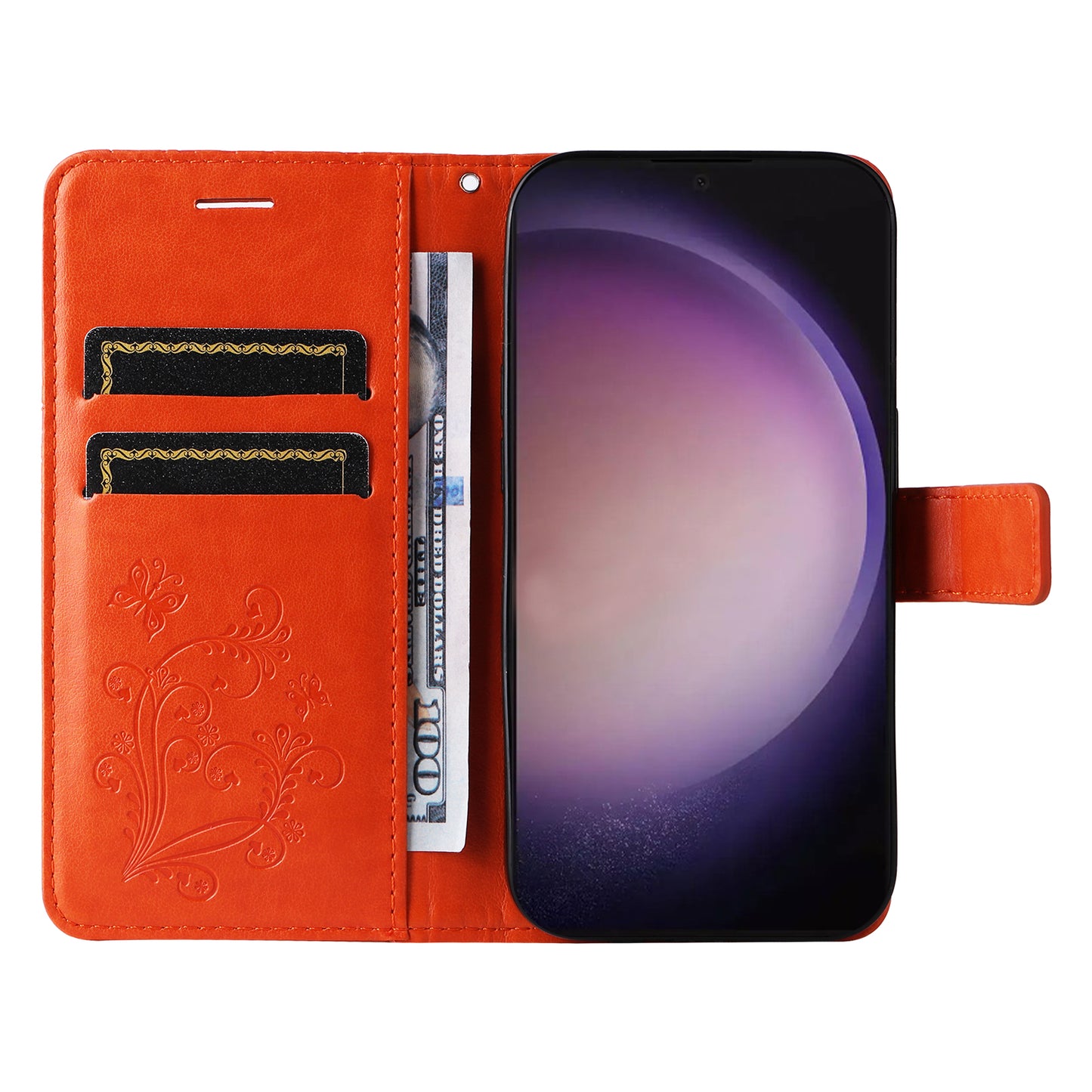 KT Imprinting Flower Series-2 For Samsung Galaxy S24 Ultra Case Butterfly Imprint Leather Phone Cover - Orange