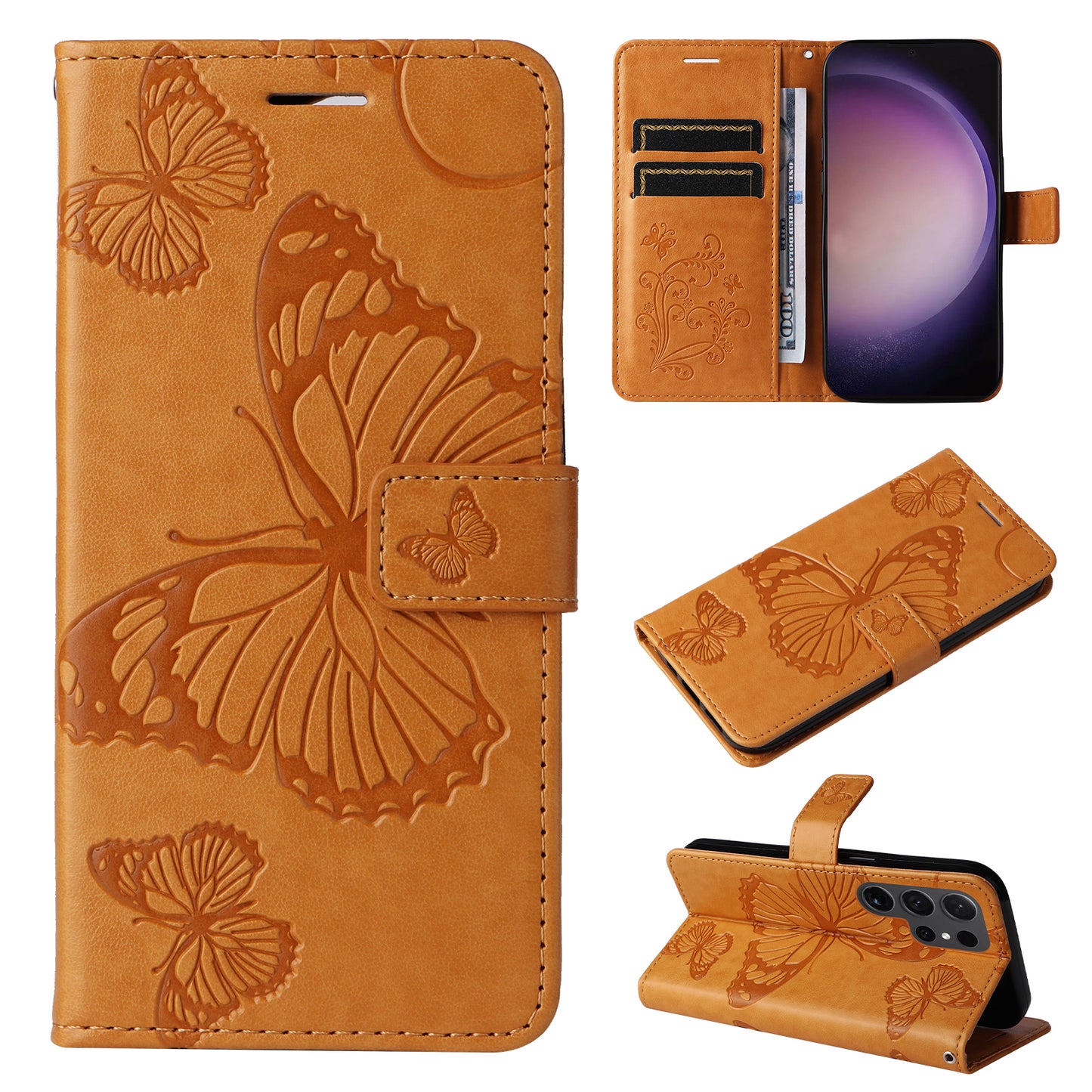 KT Imprinting Flower Series-2 For Samsung Galaxy S24 Ultra Case Butterfly Imprint Leather Phone Cover - Yellow