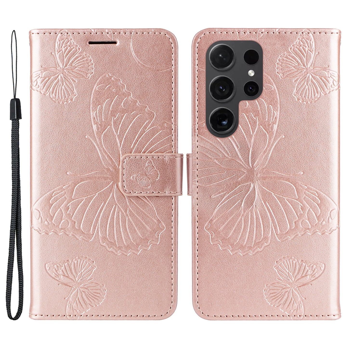 KT Imprinting Flower Series-2 For Samsung Galaxy S24 Ultra Case Butterfly Imprint Leather Phone Cover - Rose Gold