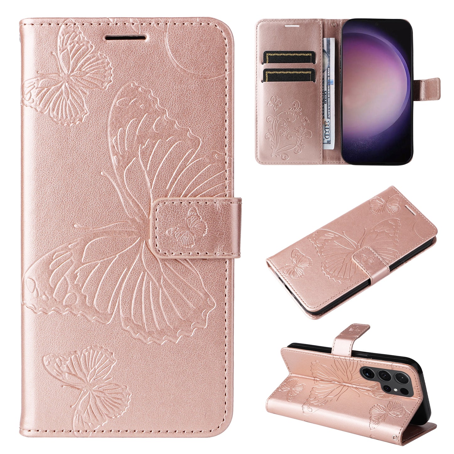 KT Imprinting Flower Series-2 For Samsung Galaxy S24 Ultra Case Butterfly Imprint Leather Phone Cover - Rose Gold