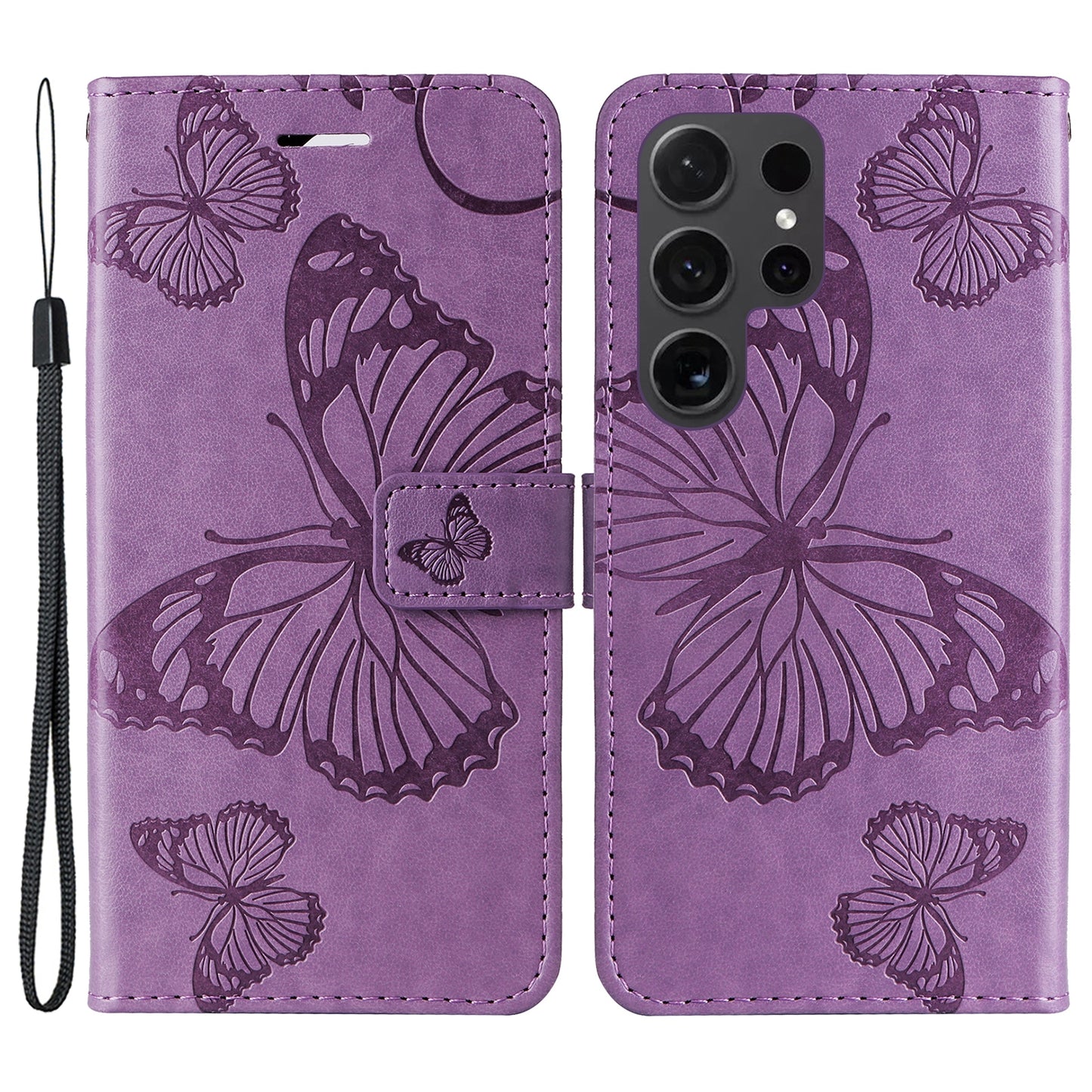 KT Imprinting Flower Series-2 For Samsung Galaxy S24 Ultra Case Butterfly Imprint Leather Phone Cover - Purple