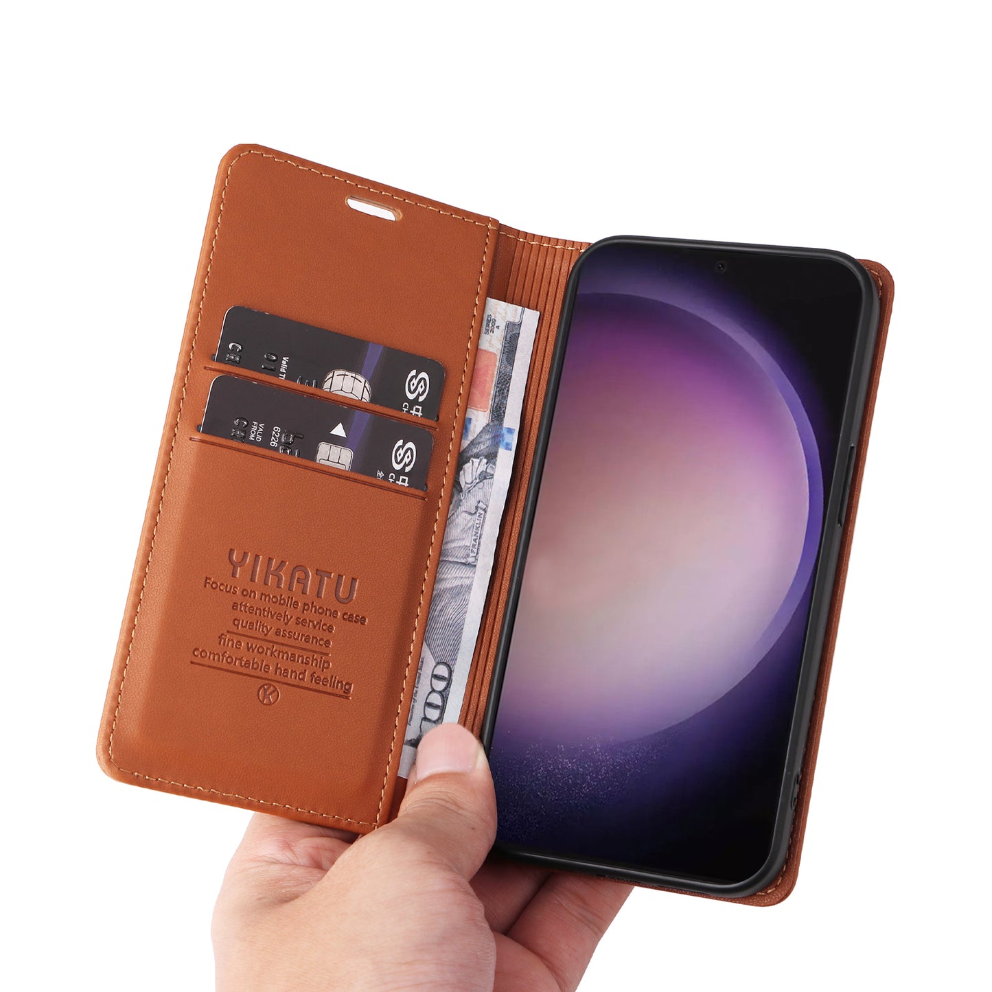 YIKATU YK-001 for Samsung Galaxy S24 Ultra Case PU Leather Magnetic Wallet Phone Cover - Brown