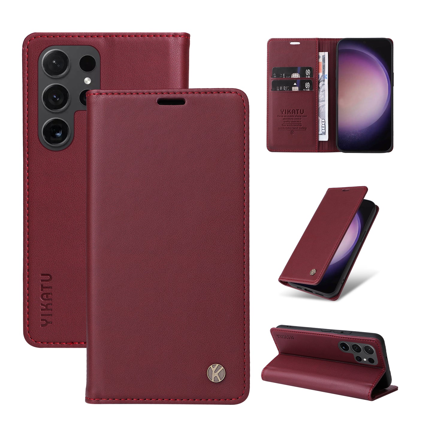 YIKATU YK-001 for Samsung Galaxy S24 Ultra Case PU Leather Magnetic Wallet Phone Cover - Wine Red