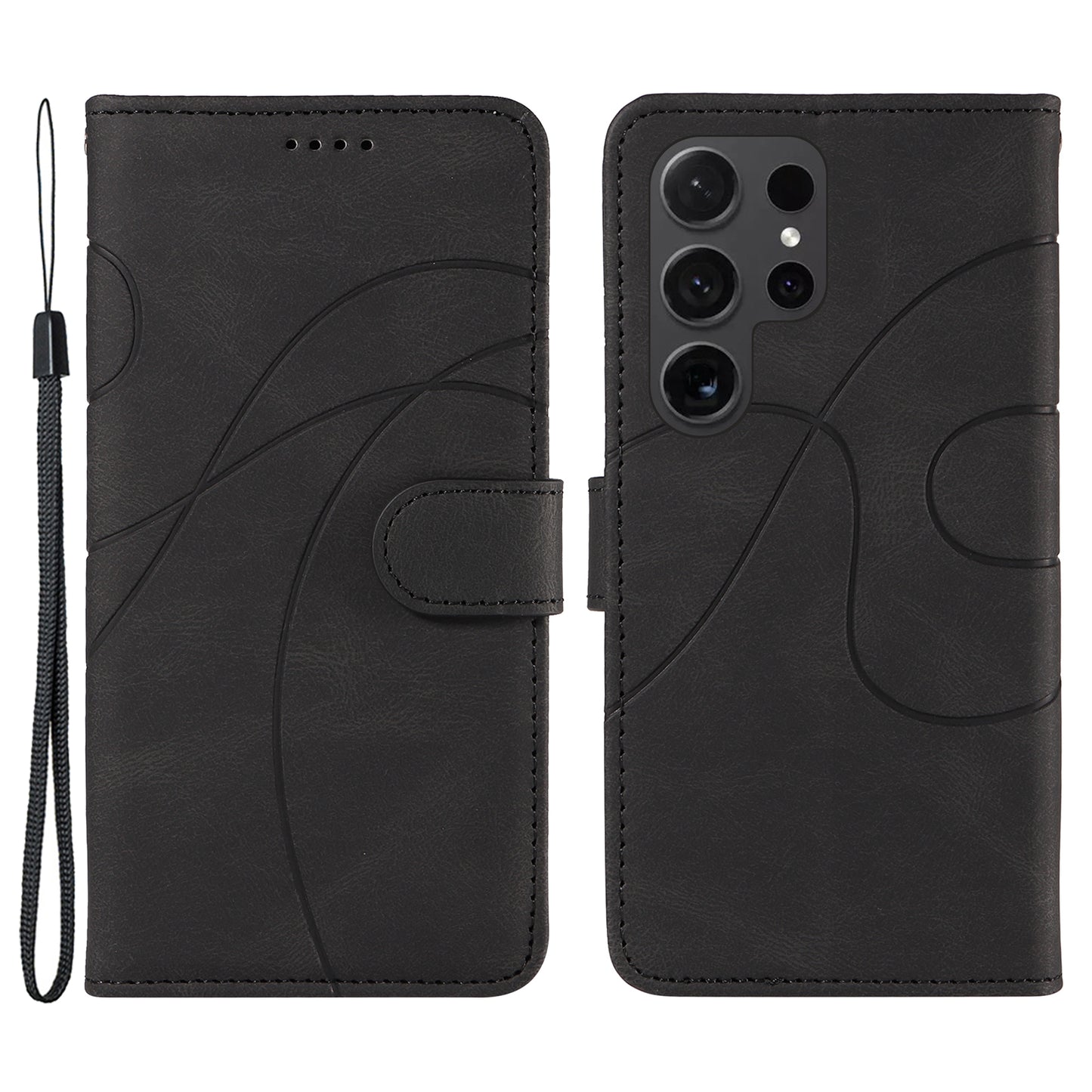 For Samsung Galaxy S24 Ultra Case PU Leather Imprinted Line Protective Phone Cover - Black