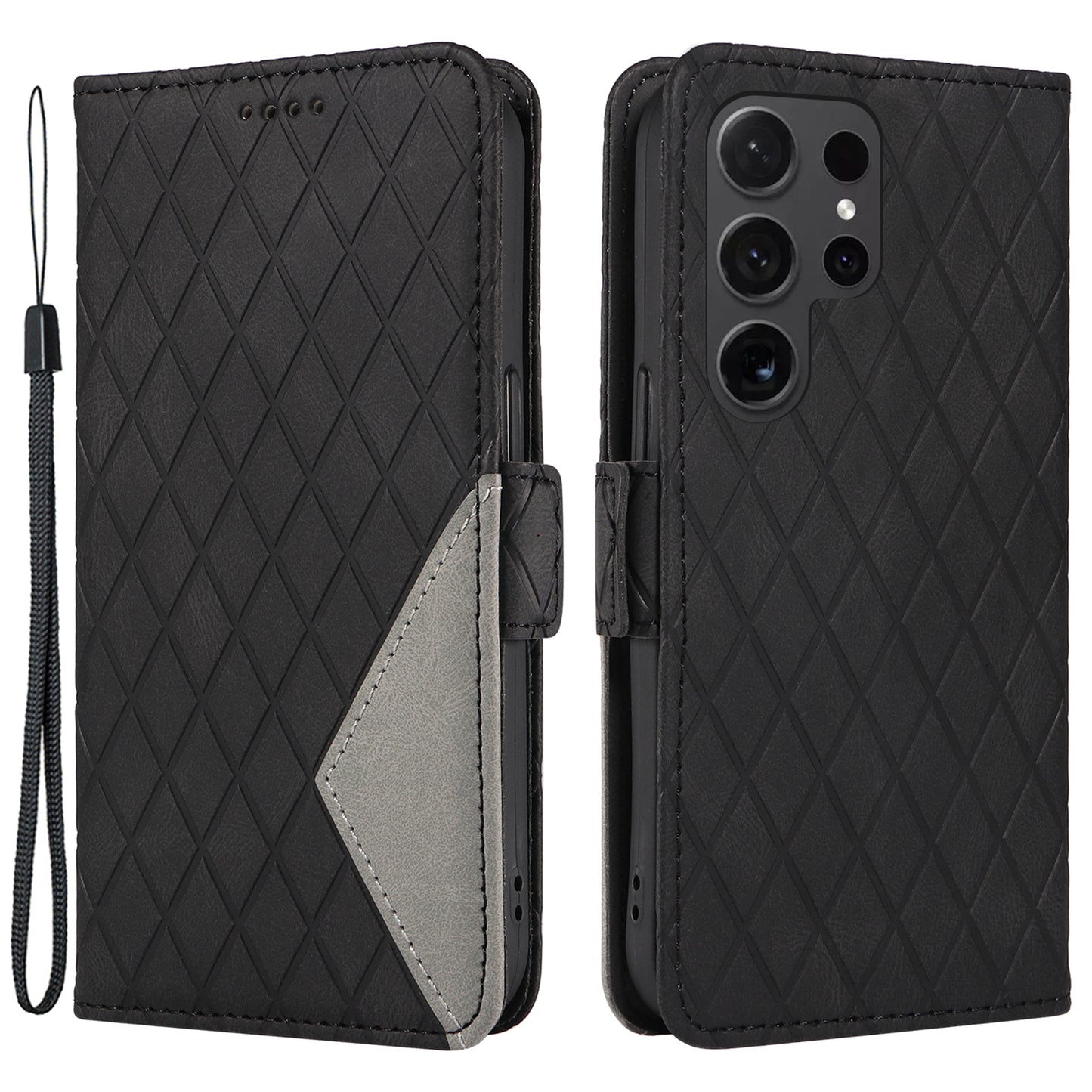 For Samsung Galaxy S24 Ultra Case Rhombus Imprinted Protective Leather Phone Cover - Black