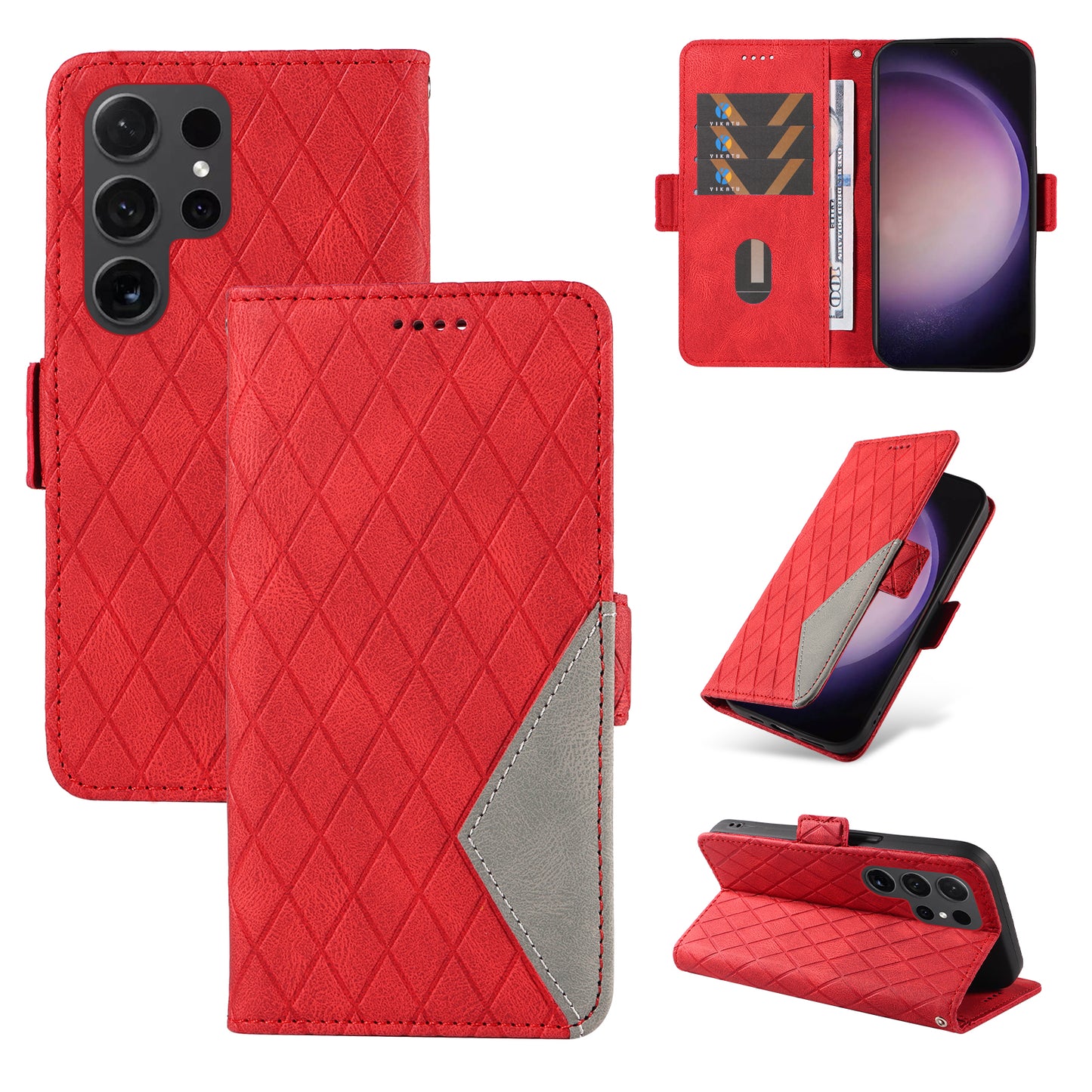 For Samsung Galaxy S24 Ultra Case Rhombus Imprinted Protective Leather Phone Cover - Red