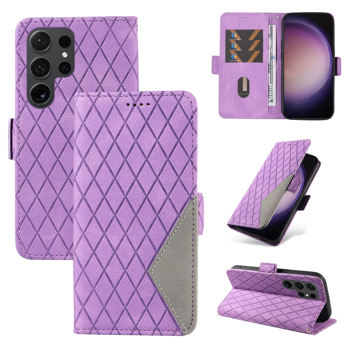 For Samsung Galaxy S24 Ultra Case Rhombus Imprinted Protective Leather Phone Cover - Light Purple