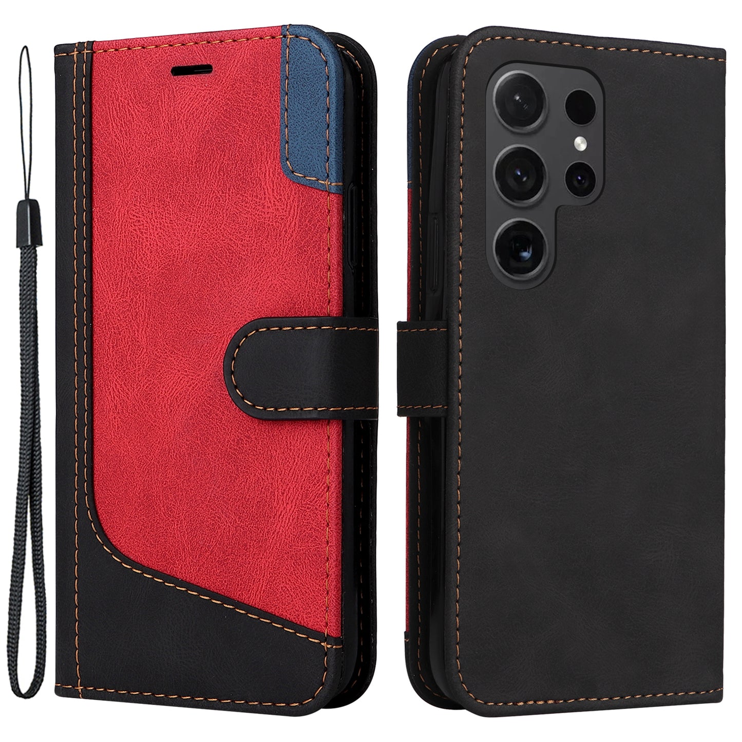 For Samsung Galaxy S24 Ultra Case Three-color Splicing Anti-Drop Wallet Phone Cover with Strap - Black
