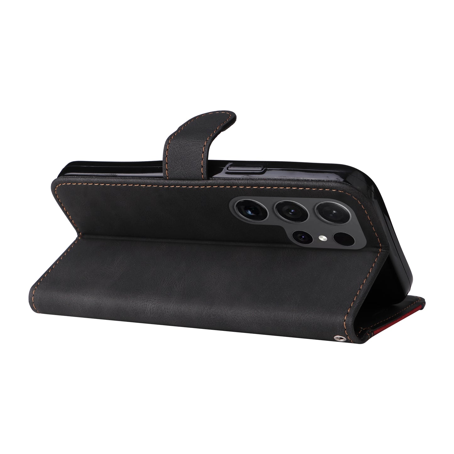 For Samsung Galaxy S24 Ultra Case Three-color Splicing Anti-Drop Wallet Phone Cover with Strap - Black