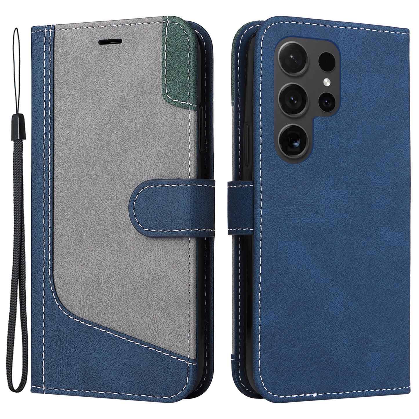 For Samsung Galaxy S24 Ultra Case Three-color Splicing Anti-Drop Wallet Phone Cover with Strap - Blue