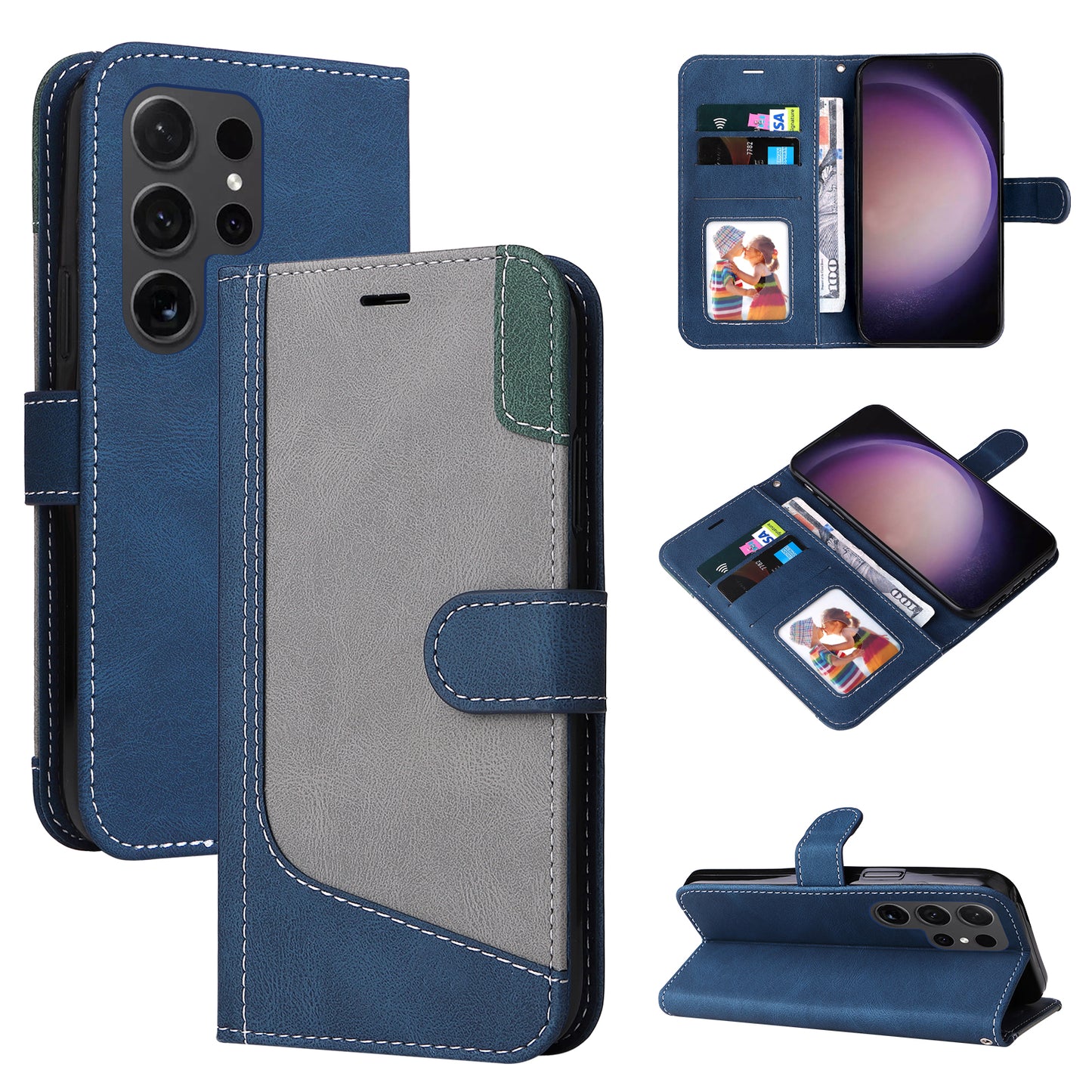 For Samsung Galaxy S24 Ultra Case Three-color Splicing Anti-Drop Wallet Phone Cover with Strap - Blue