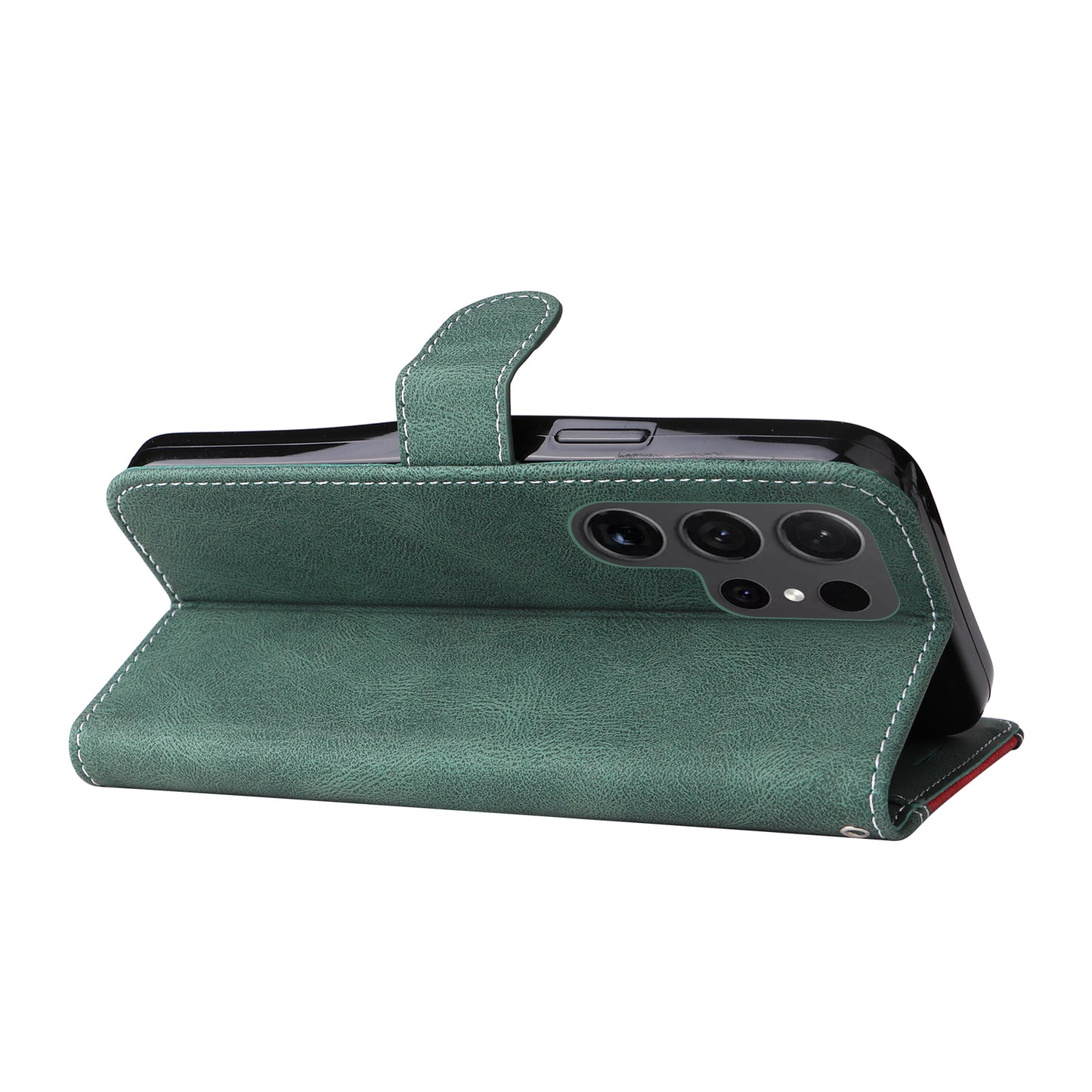 For Samsung Galaxy S24 Ultra Case Three-color Splicing Anti-Drop Wallet Phone Cover with Strap - Green