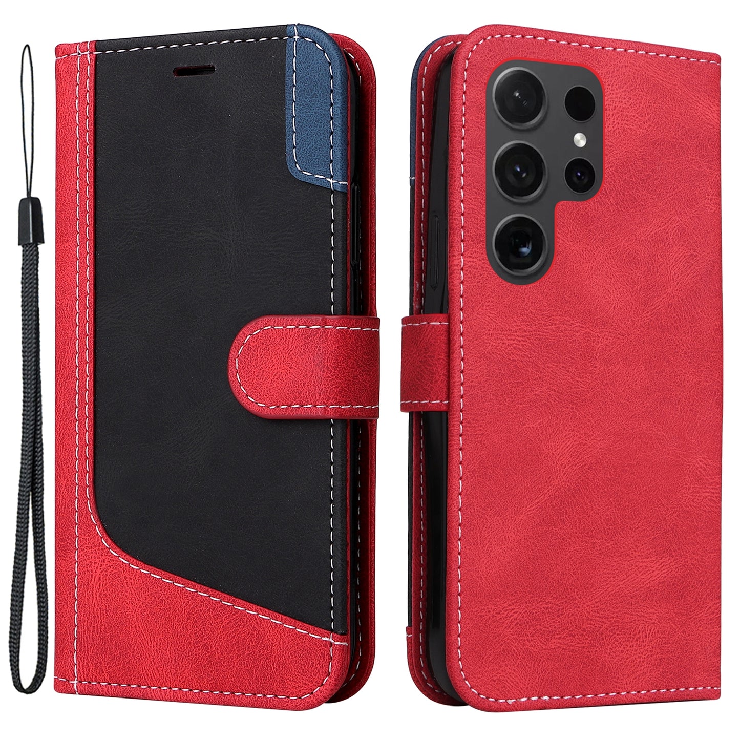 For Samsung Galaxy S24 Ultra Case Three-color Splicing Anti-Drop Wallet Phone Cover with Strap - Red