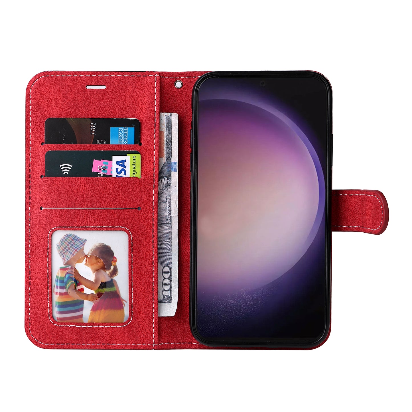 For Samsung Galaxy S24 Ultra Case Three-color Splicing Anti-Drop Wallet Phone Cover with Strap - Red