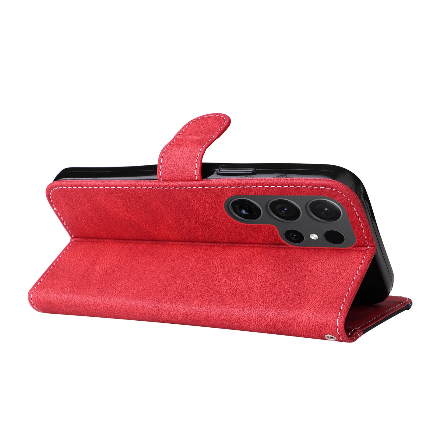 For Samsung Galaxy S24 Ultra Case Three-color Splicing Anti-Drop Wallet Phone Cover with Strap - Red