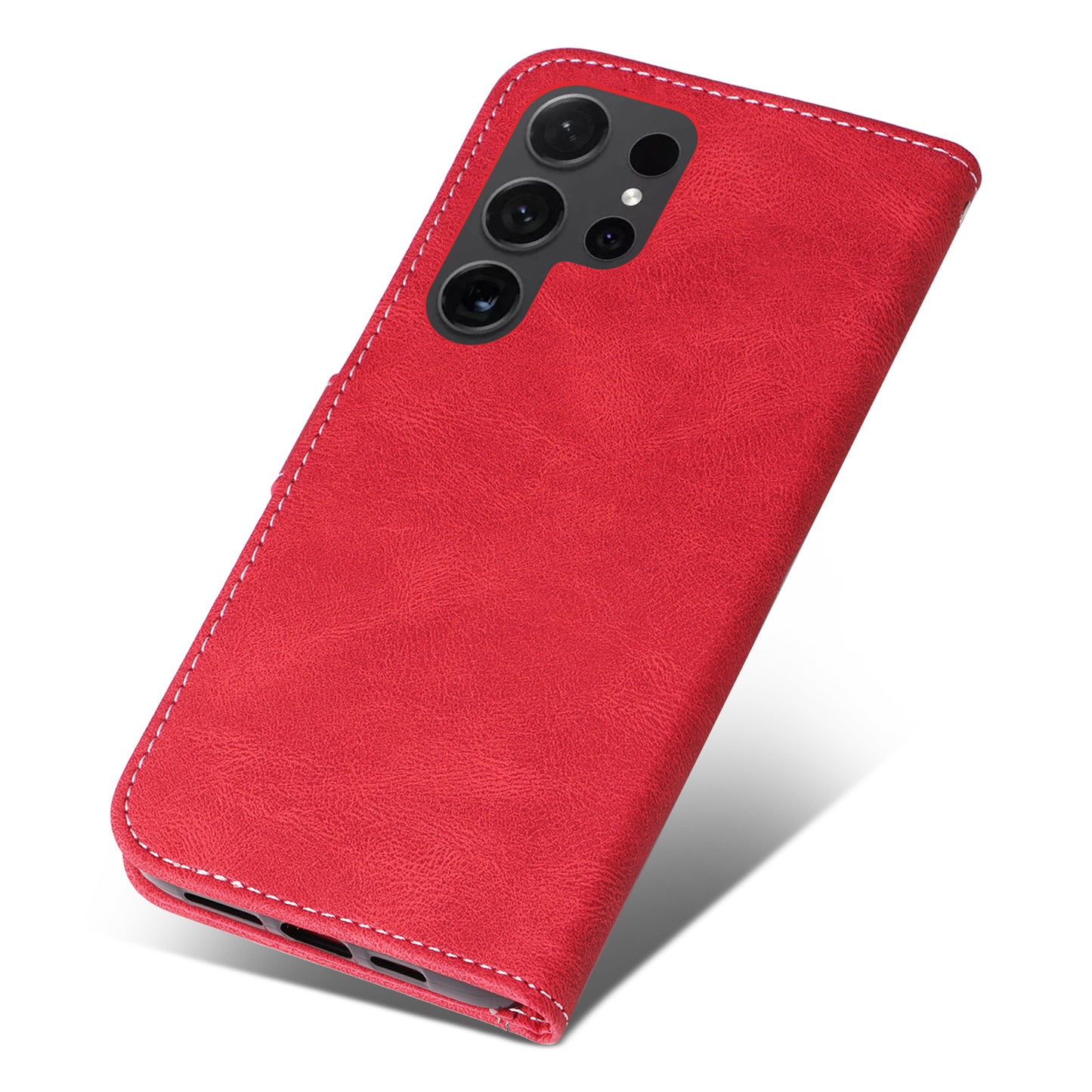 For Samsung Galaxy S24 Ultra Case Three-color Splicing Anti-Drop Wallet Phone Cover with Strap - Red