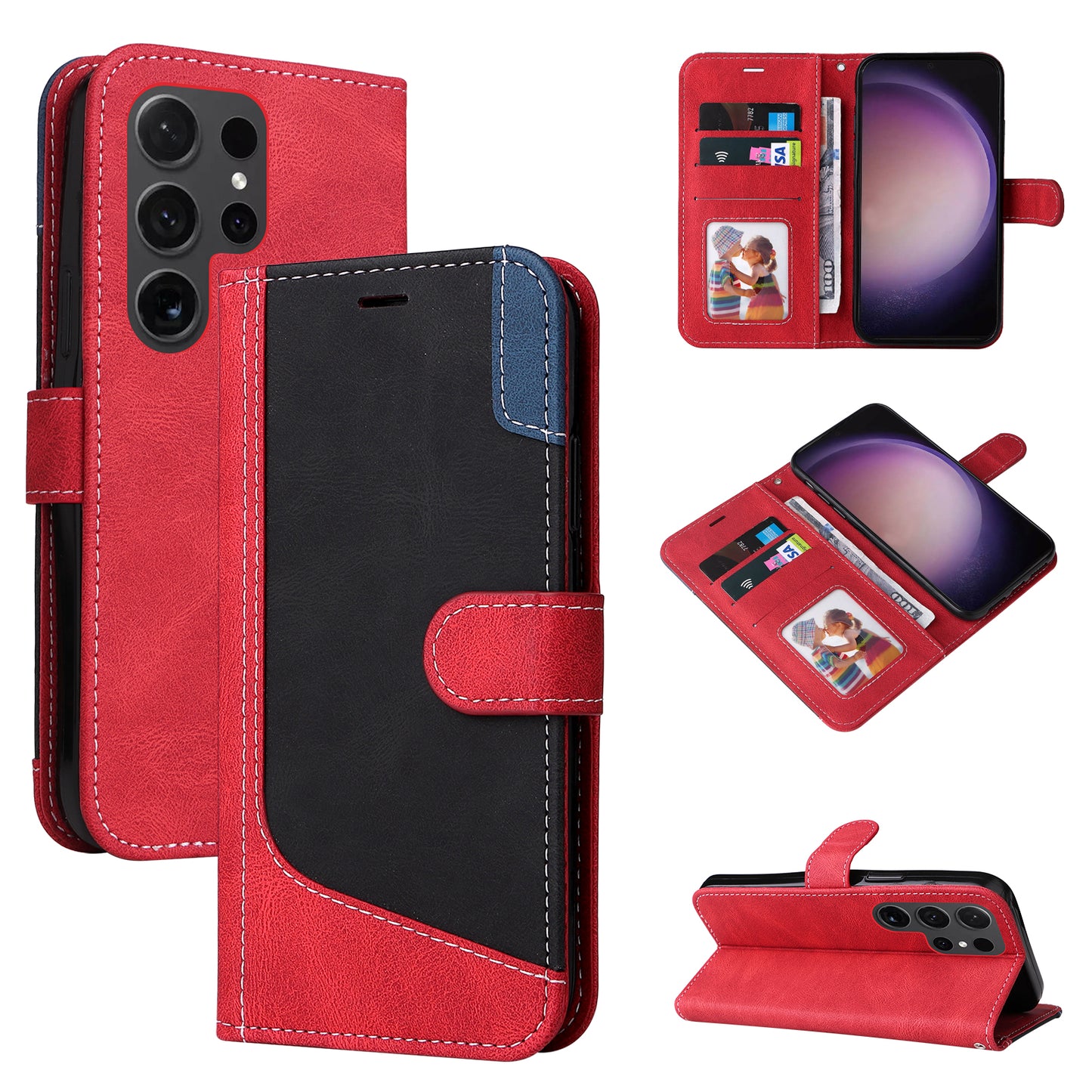 For Samsung Galaxy S24 Ultra Case Three-color Splicing Anti-Drop Wallet Phone Cover with Strap - Red
