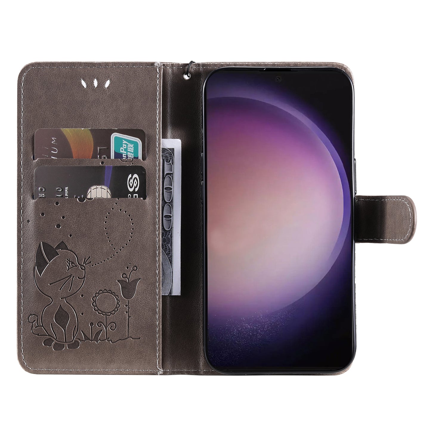 For Samsung Galaxy S24 Ultra Case KT Imprinting Flower Series-4 Cat Imprinted Shockproof Phone Cover - Grey
