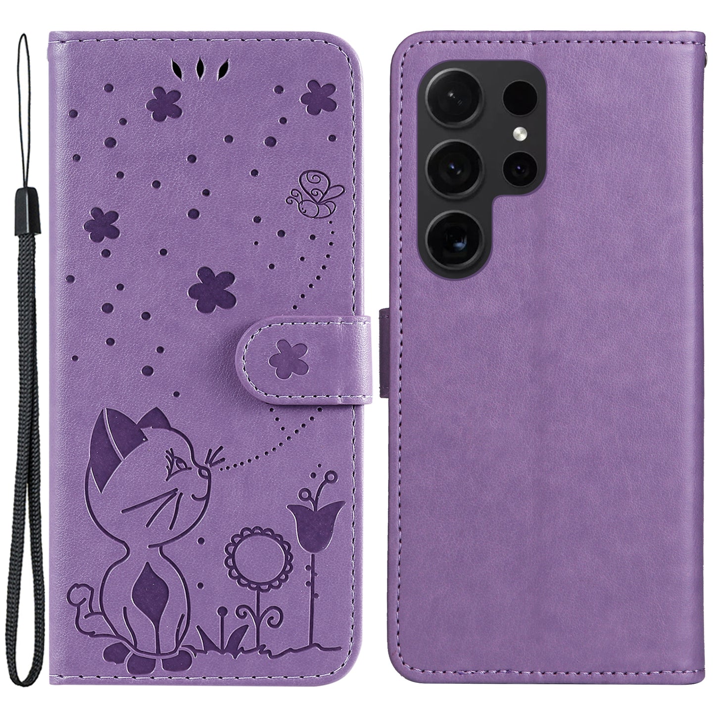 For Samsung Galaxy S24 Ultra Case KT Imprinting Flower Series-4 Cat Imprinted Shockproof Phone Cover - Purple