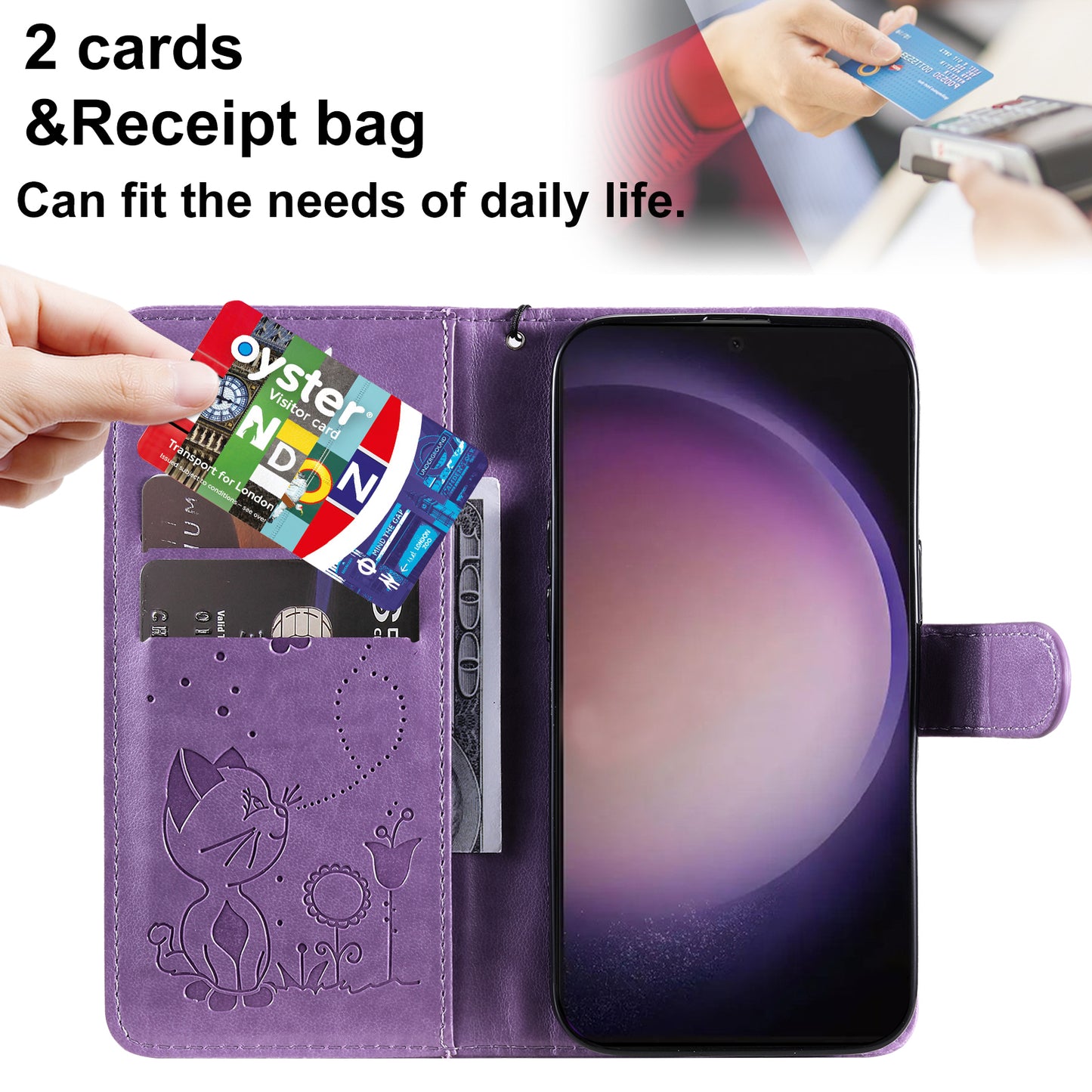 For Samsung Galaxy S24 Ultra Case KT Imprinting Flower Series-4 Cat Imprinted Shockproof Phone Cover - Purple