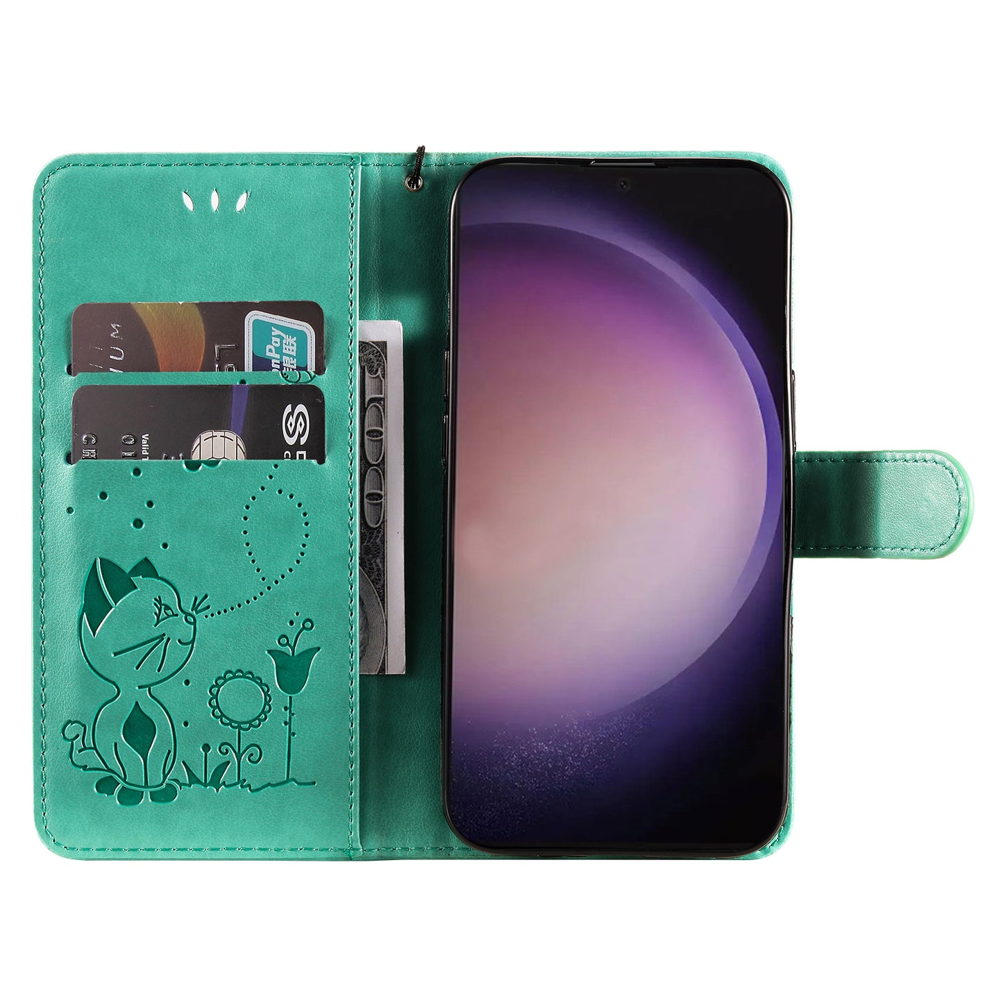 For Samsung Galaxy S24 Ultra Case KT Imprinting Flower Series-4 Cat Imprinted Shockproof Phone Cover - Green