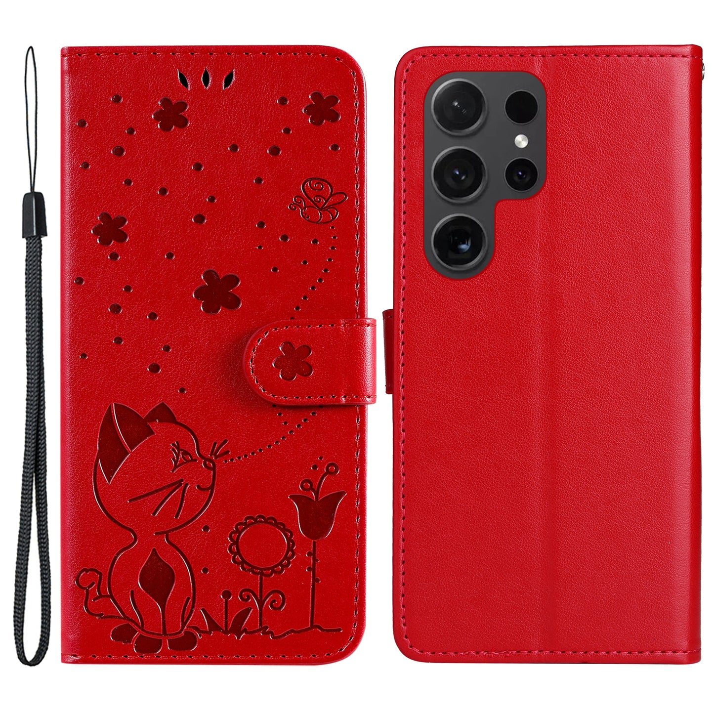 For Samsung Galaxy S24 Ultra Case KT Imprinting Flower Series-4 Cat Imprinted Shockproof Phone Cover - Red