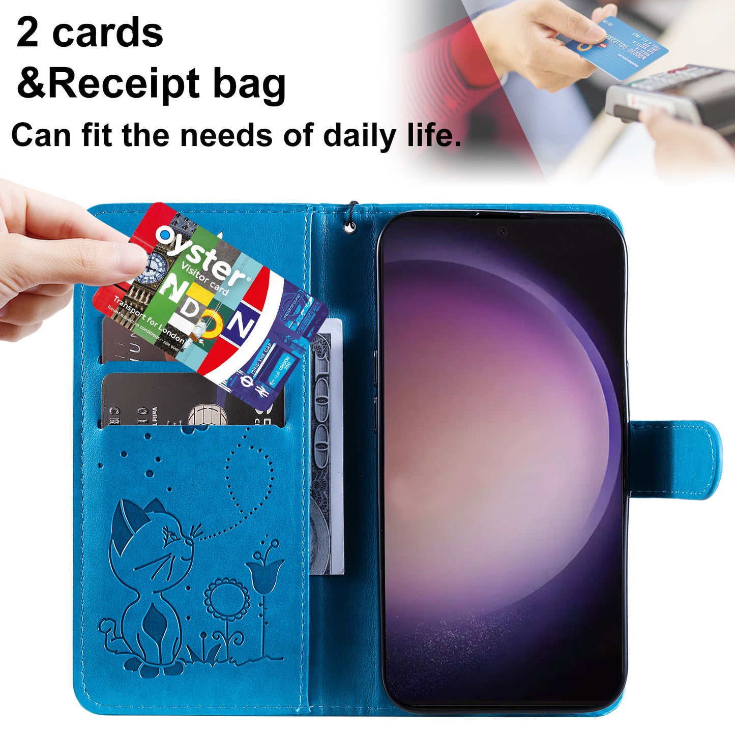 For Samsung Galaxy S24 Ultra Case KT Imprinting Flower Series-4 Cat Imprinted Shockproof Phone Cover - Blue