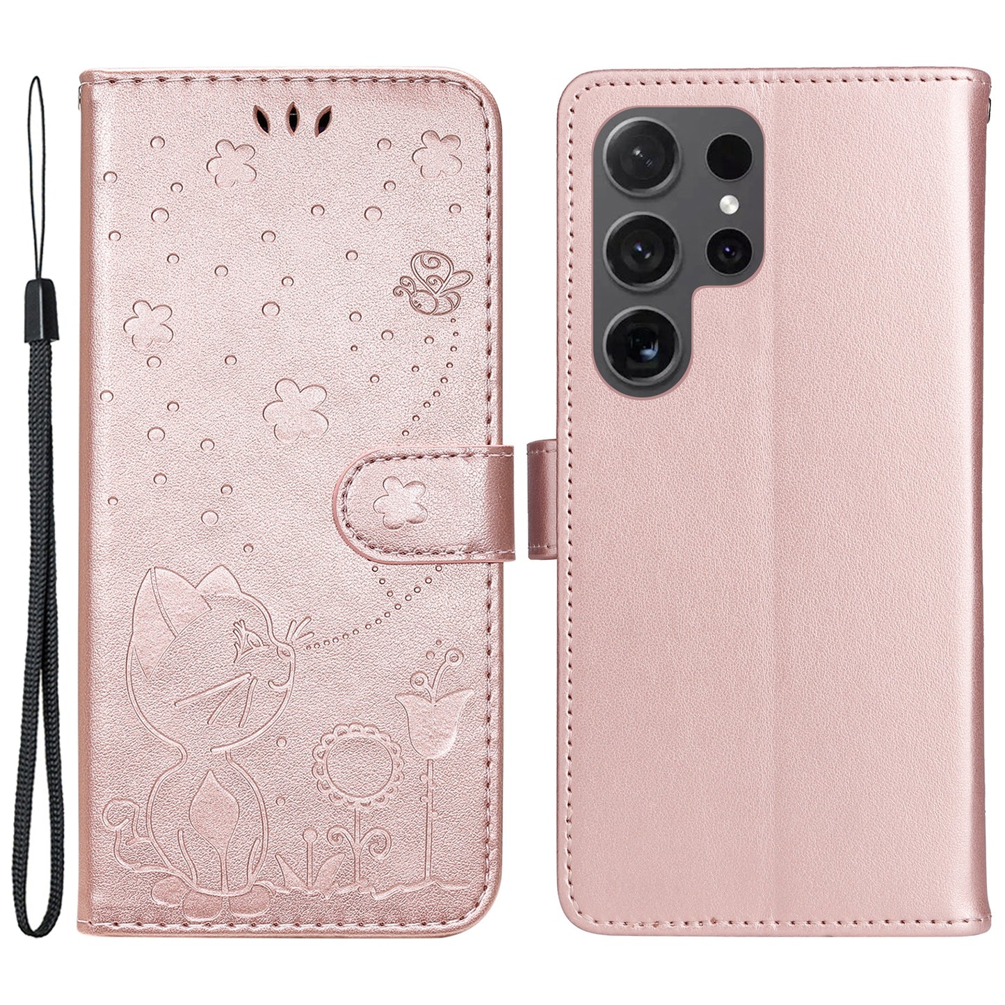 For Samsung Galaxy S24 Ultra Case KT Imprinting Flower Series-4 Cat Imprinted Shockproof Phone Cover - Rose Gold