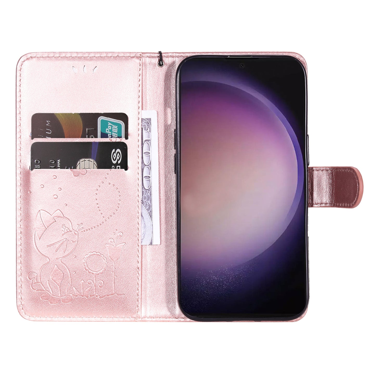 For Samsung Galaxy S24 Ultra Case KT Imprinting Flower Series-4 Cat Imprinted Shockproof Phone Cover - Rose Gold