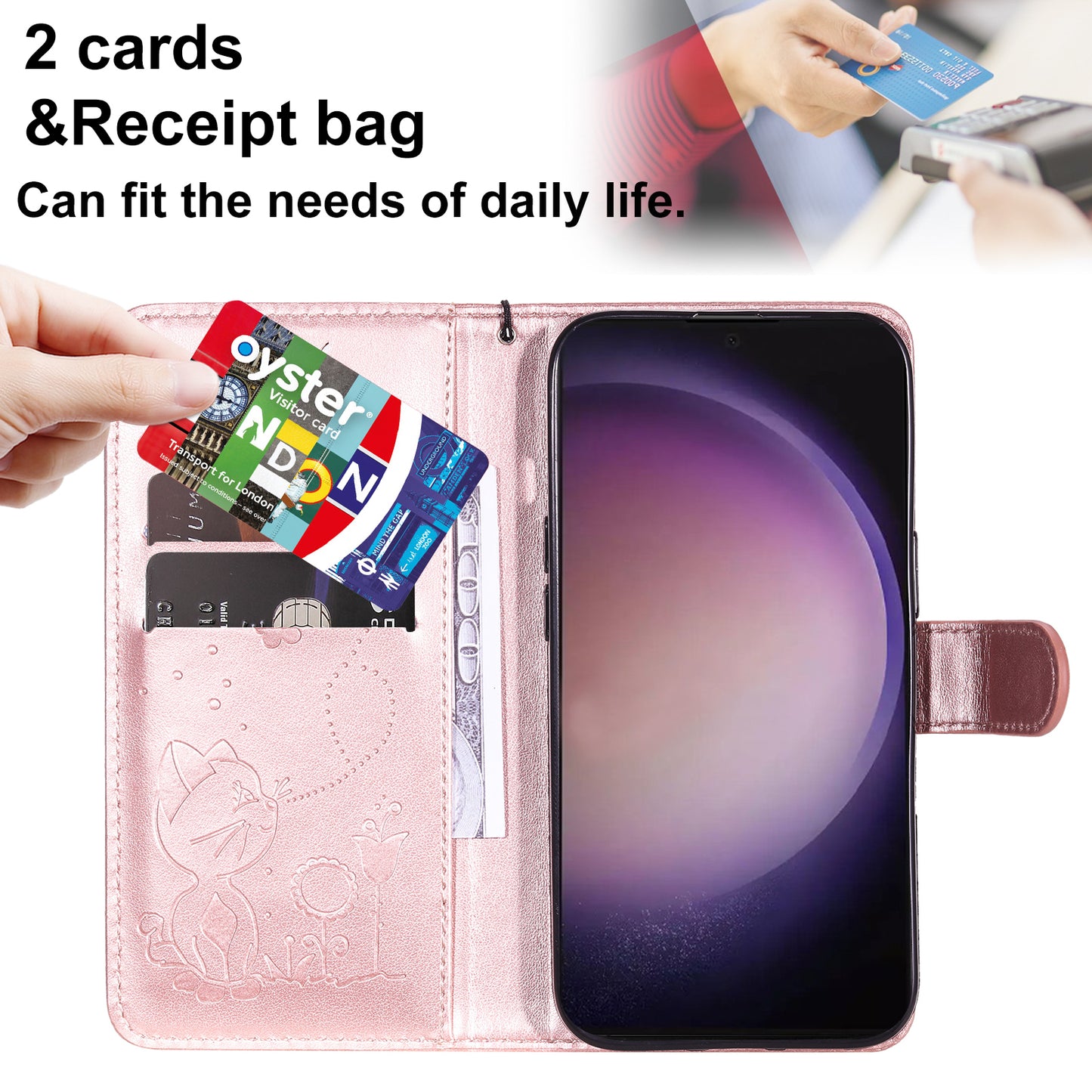 For Samsung Galaxy S24 Ultra Case KT Imprinting Flower Series-4 Cat Imprinted Shockproof Phone Cover - Rose Gold