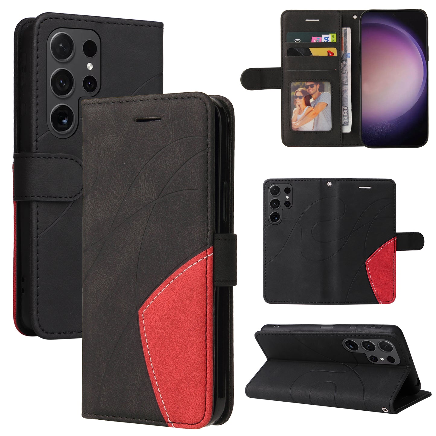 KT Leather Series-1 Wallet Phone Case for Samsung Galaxy S24 Ultra Case Splicing PU Leather Phone Cover - Black