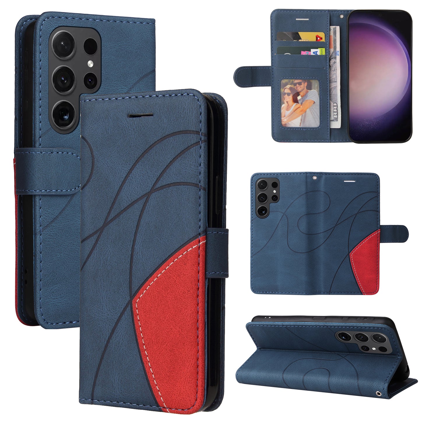 KT Leather Series-1 Wallet Phone Case for Samsung Galaxy S24 Ultra Case Splicing PU Leather Phone Cover - Blue