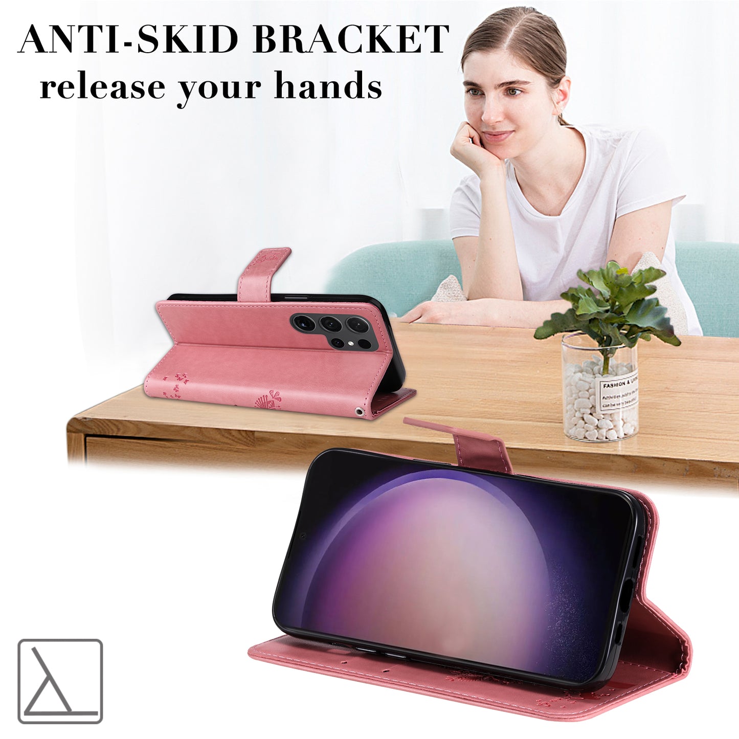 For Samsung Galaxy S24 Ultra Case KT Imprinting Flower Series-3 Shockproof Wallet Phone Shell - Pink