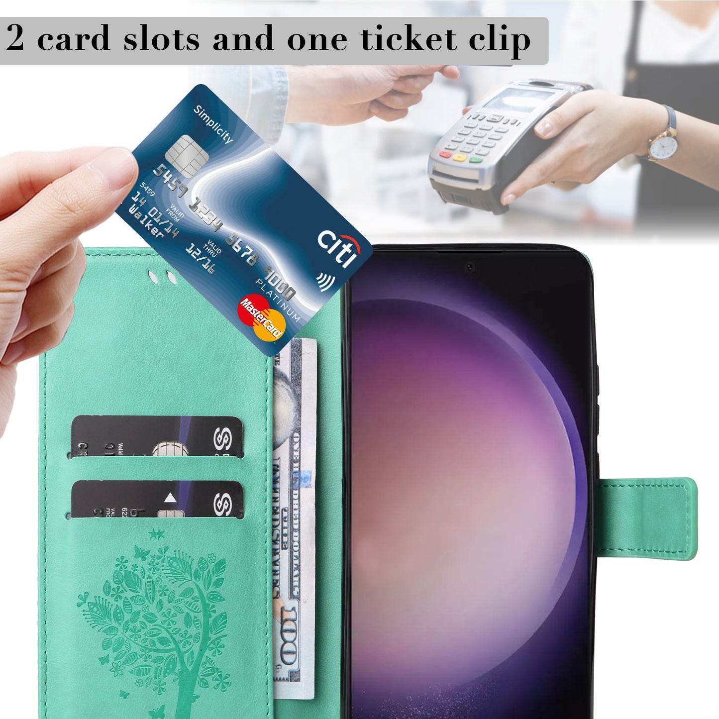 For Samsung Galaxy S24 Ultra Case KT Imprinting Flower Series-3 Shockproof Wallet Phone Shell - Green