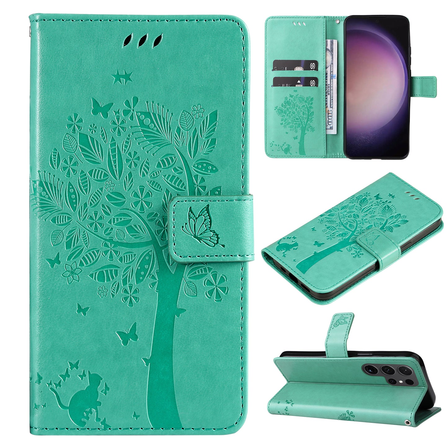 For Samsung Galaxy S24 Ultra Case KT Imprinting Flower Series-3 Shockproof Wallet Phone Shell - Green
