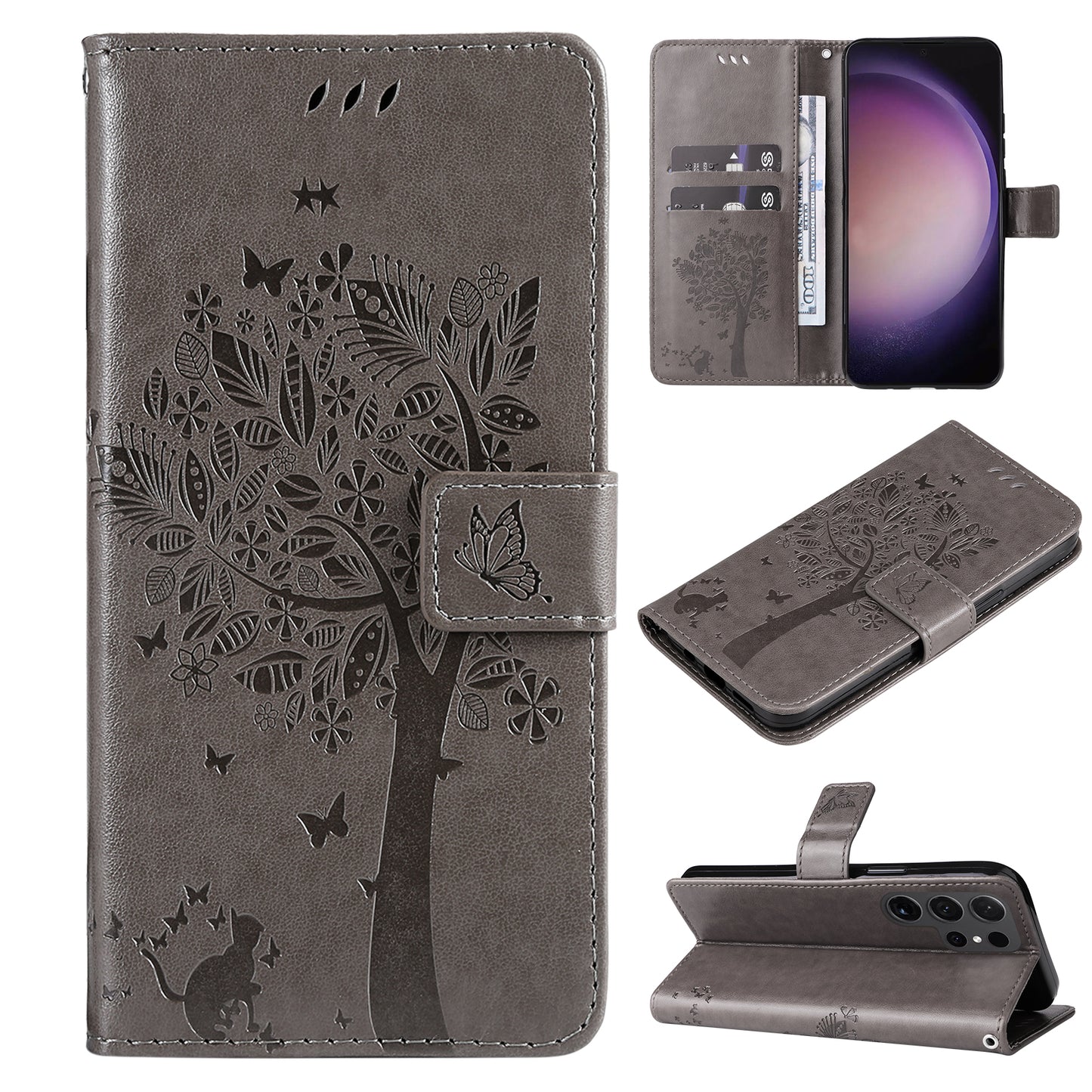 For Samsung Galaxy S24 Ultra Case KT Imprinting Flower Series-3 Shockproof Wallet Phone Shell - Grey