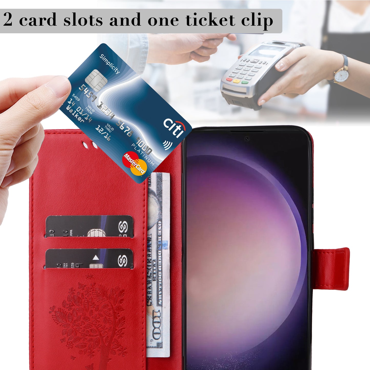 For Samsung Galaxy S24 Ultra Case KT Imprinting Flower Series-3 Shockproof Wallet Phone Shell - Red
