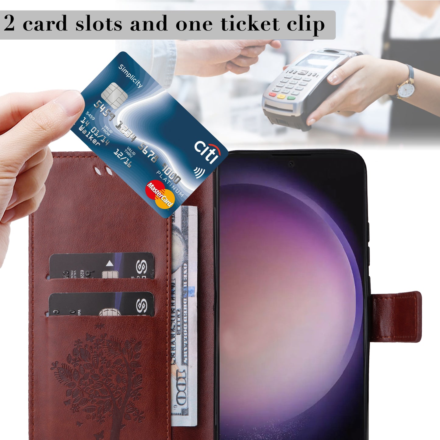 For Samsung Galaxy S24 Ultra Case KT Imprinting Flower Series-3 Shockproof Wallet Phone Shell - Coffee