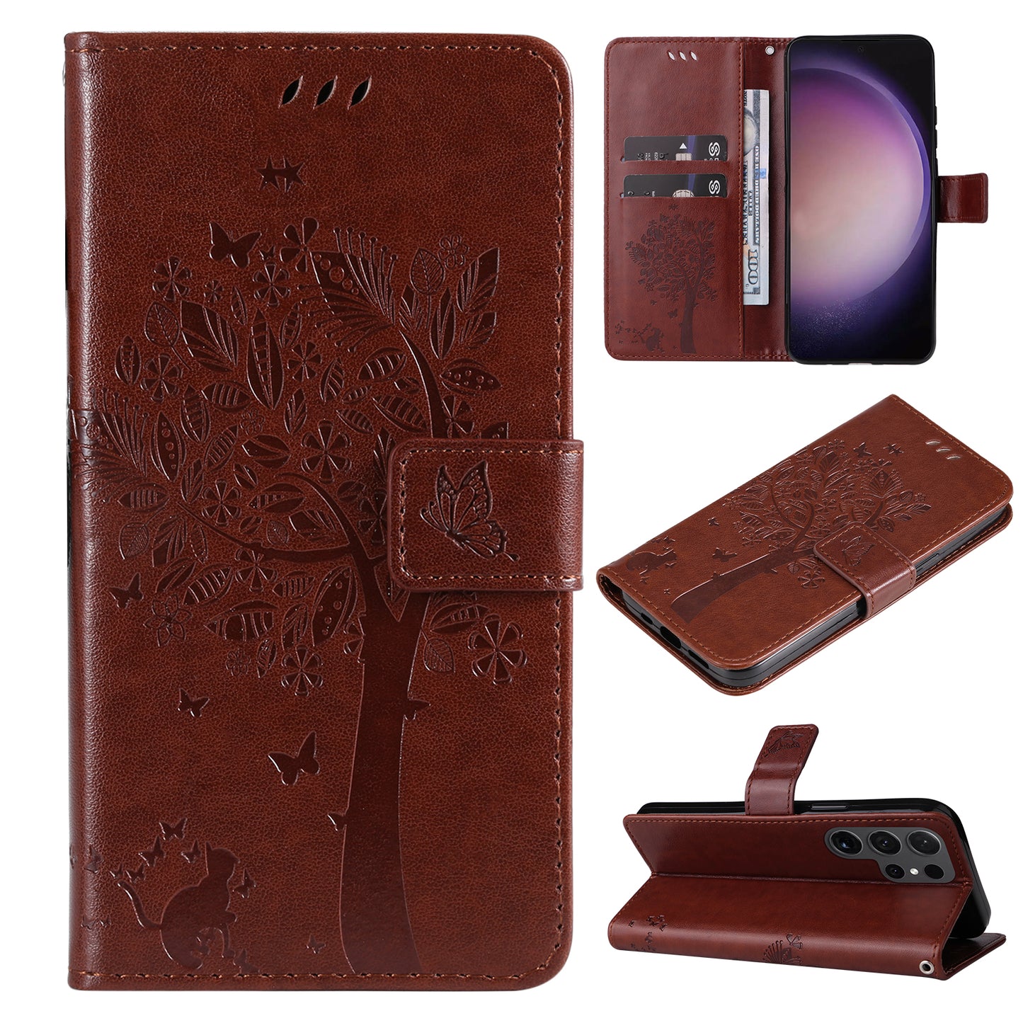 For Samsung Galaxy S24 Ultra Case KT Imprinting Flower Series-3 Shockproof Wallet Phone Shell - Coffee