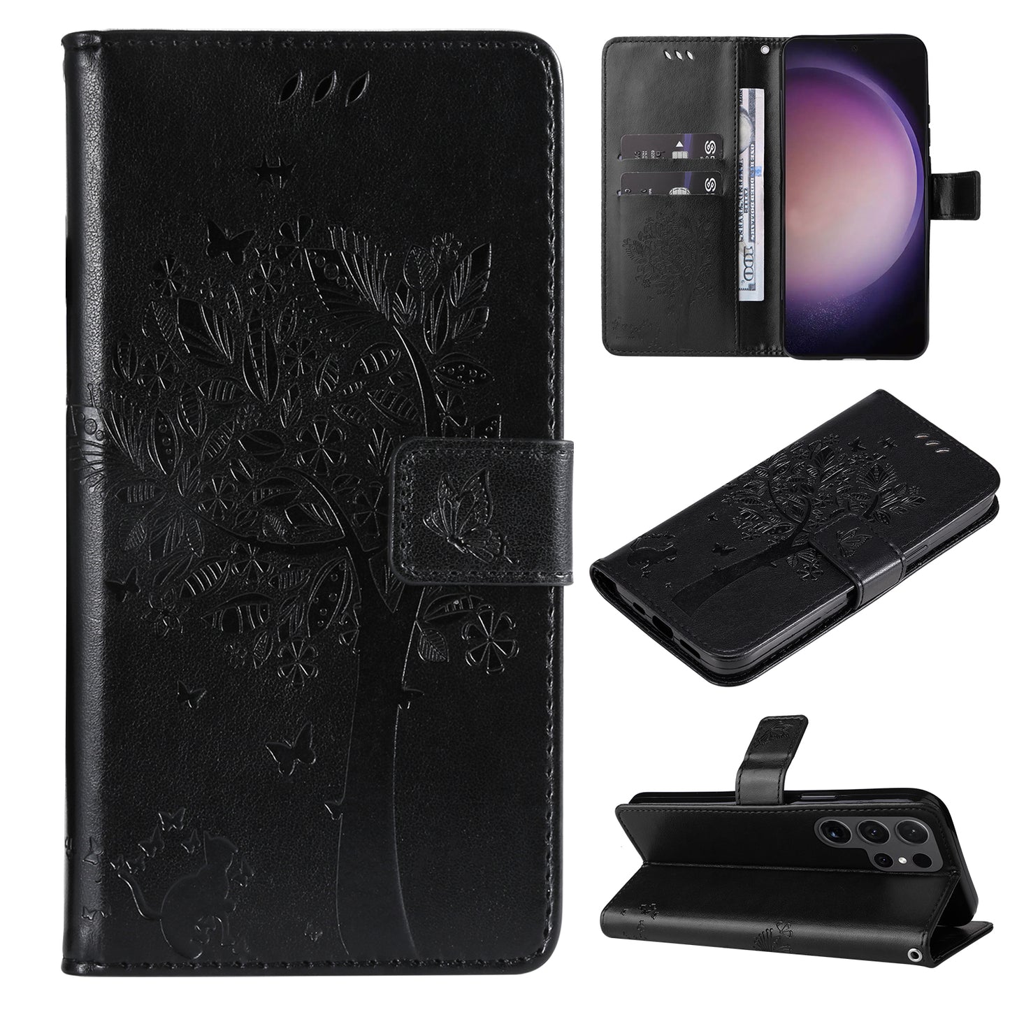 For Samsung Galaxy S24 Ultra Case KT Imprinting Flower Series-3 Shockproof Wallet Phone Shell - Black