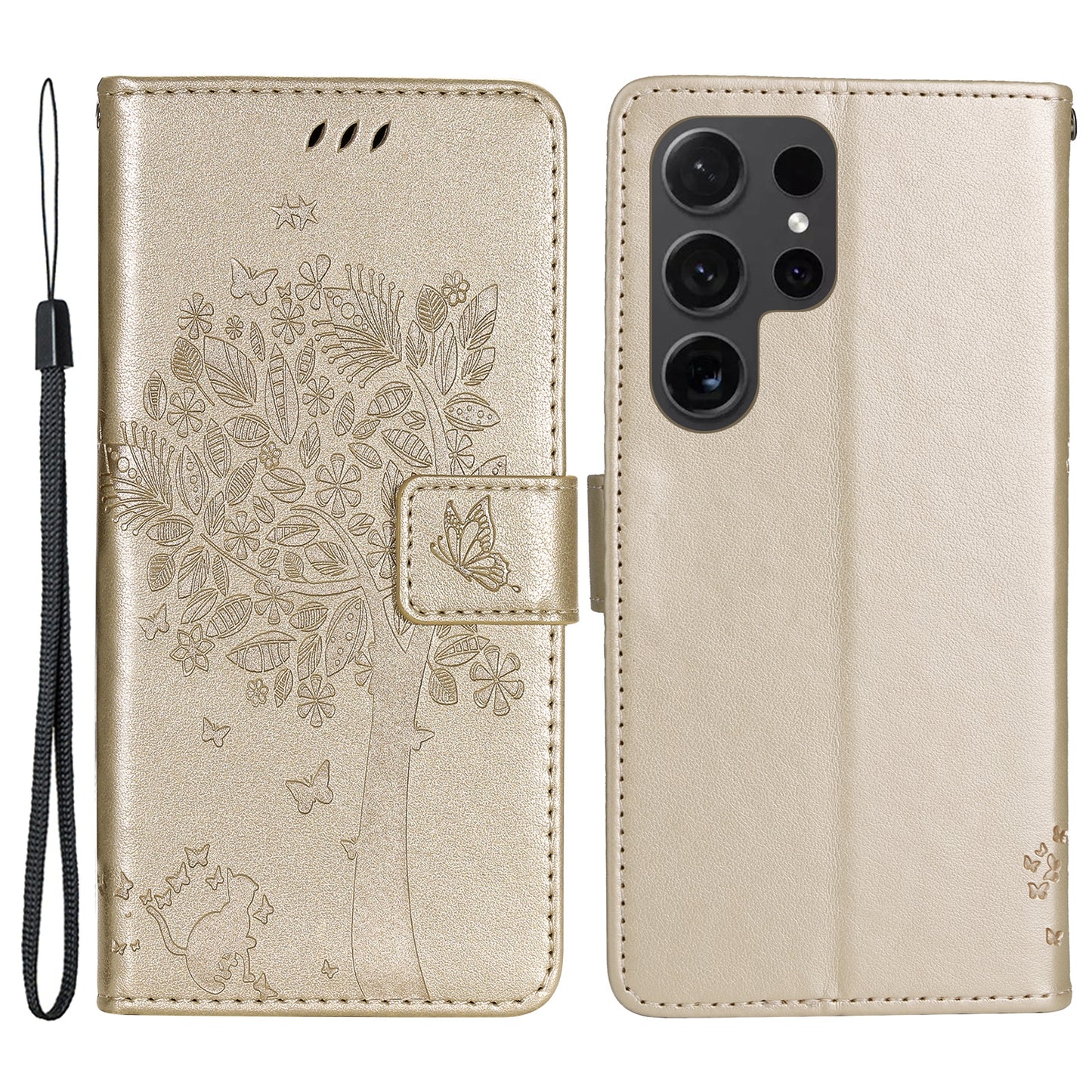 For Samsung Galaxy S24 Ultra Case KT Imprinting Flower Series-3 Shockproof Wallet Phone Shell - Gold
