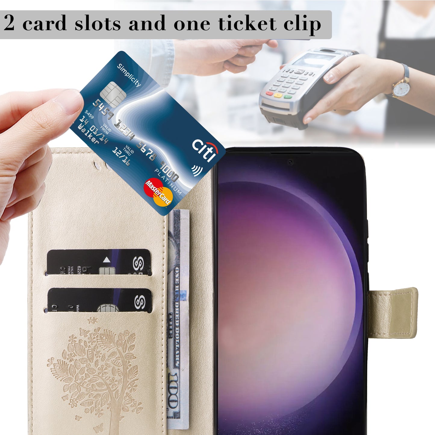 For Samsung Galaxy S24 Ultra Case KT Imprinting Flower Series-3 Shockproof Wallet Phone Shell - Gold
