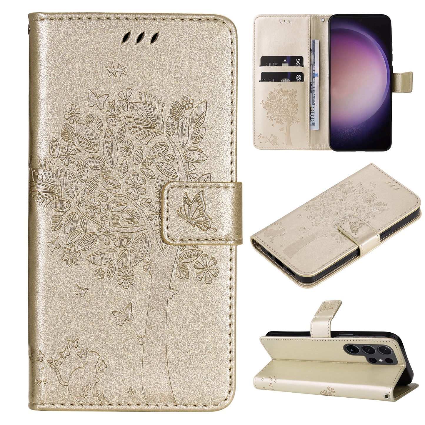 For Samsung Galaxy S24 Ultra Case KT Imprinting Flower Series-3 Shockproof Wallet Phone Shell - Gold